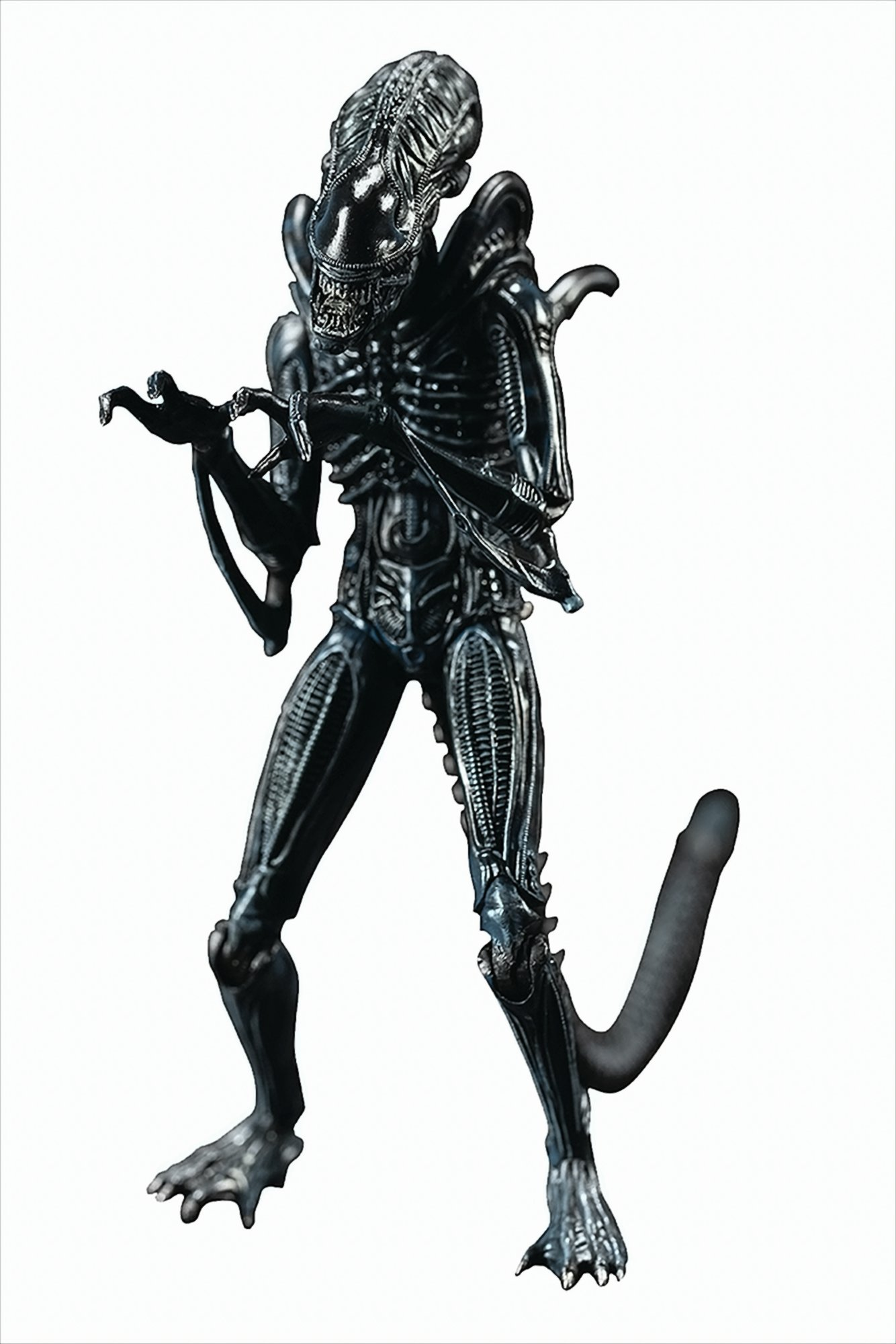 Eine Alien-Figur, schwarz, detailliert, vor weißem Hintergrund stehend.