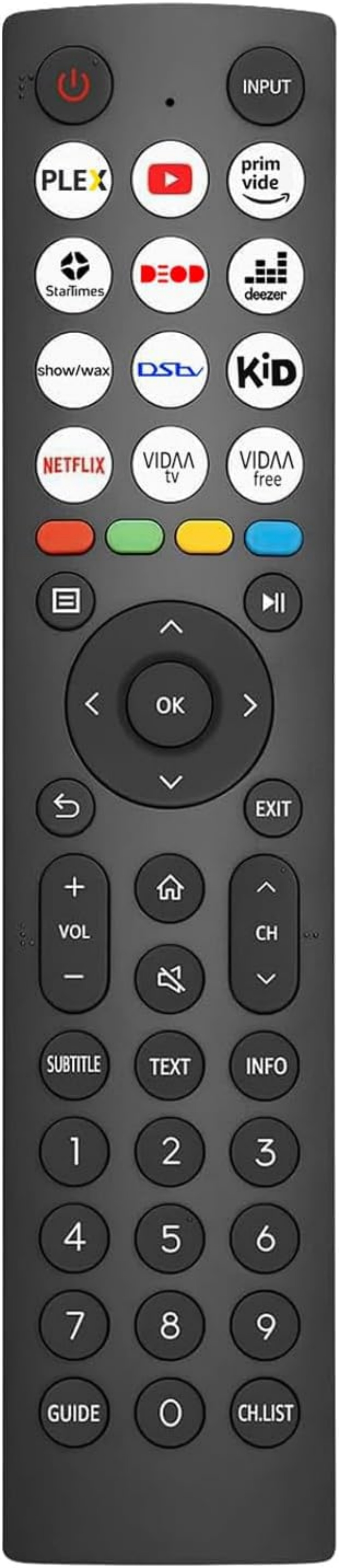 Schwarze TV-Fernbedienung mit verschiedenen Tasten für Streaming-Dienste und Nummern.