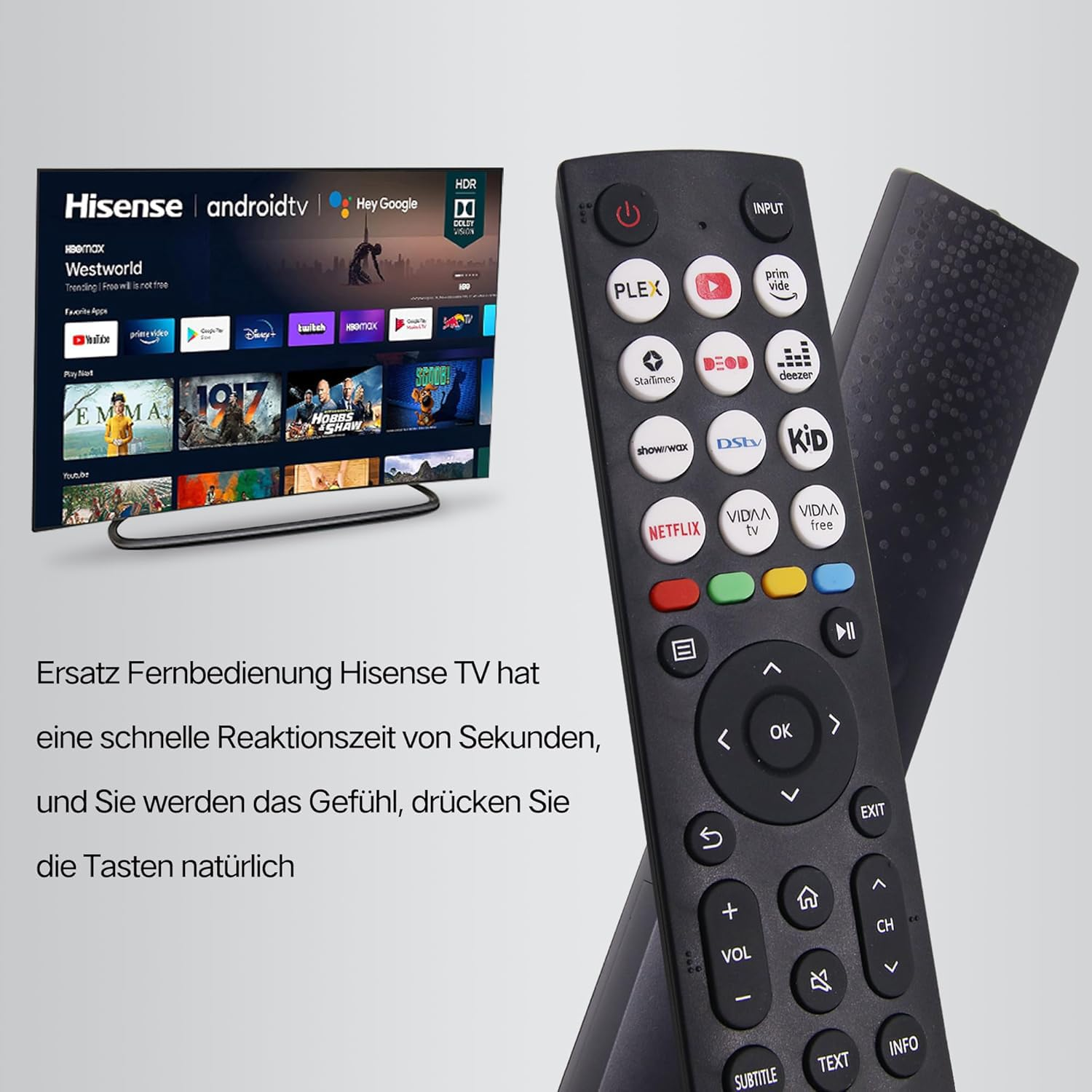 Ein Fernsehbildschirm und zwei Fernbedienungen. Der Bildschirm zeigt eine TV-Oberfläche.