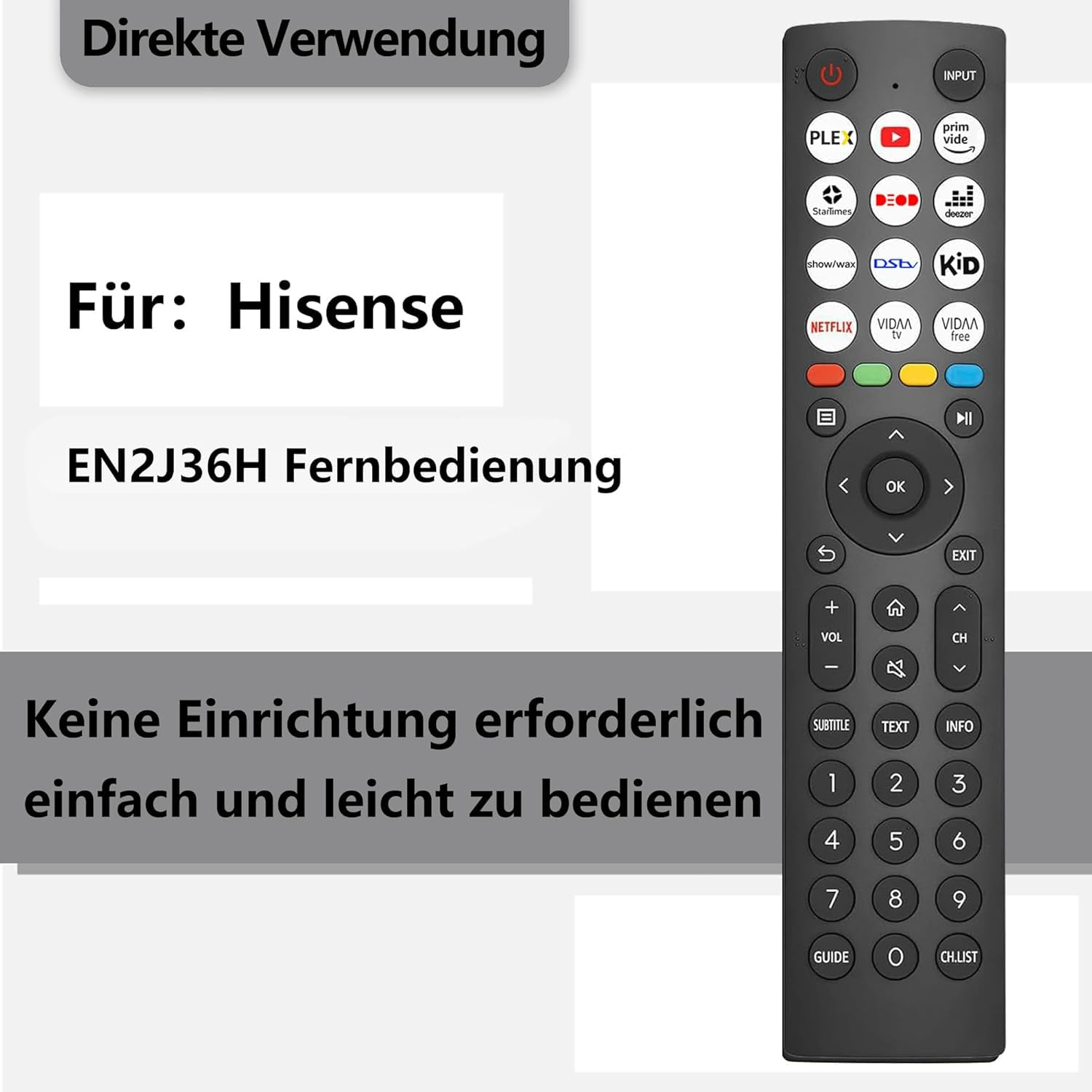 Eine schwarze Hisense-Fernbedienung mit mehreren Tasten und Text. Sie befindet sich auf weißem Hintergrund.
