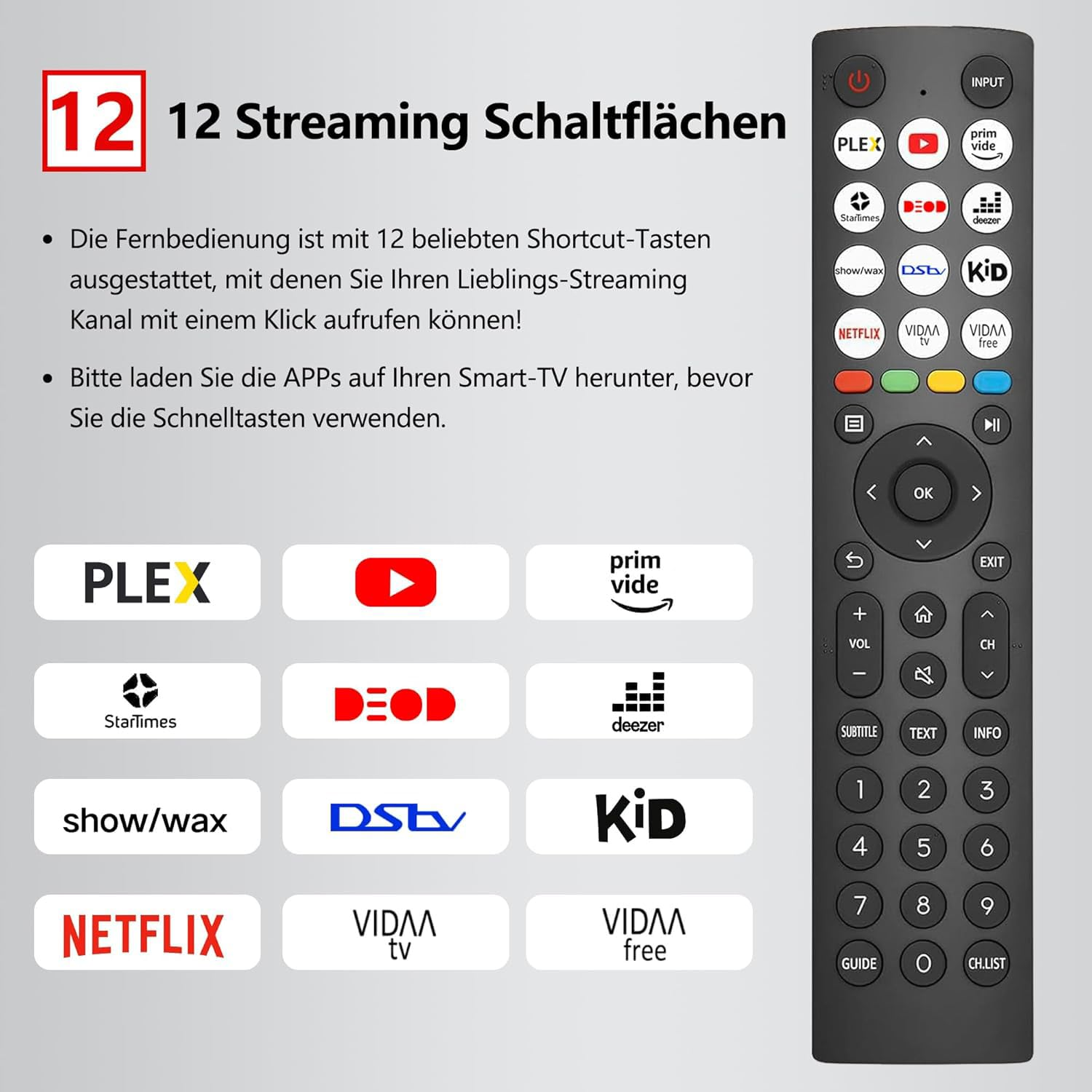 Eine Fernbedienung mit verschiedenen App-Verknüpfungstasten.