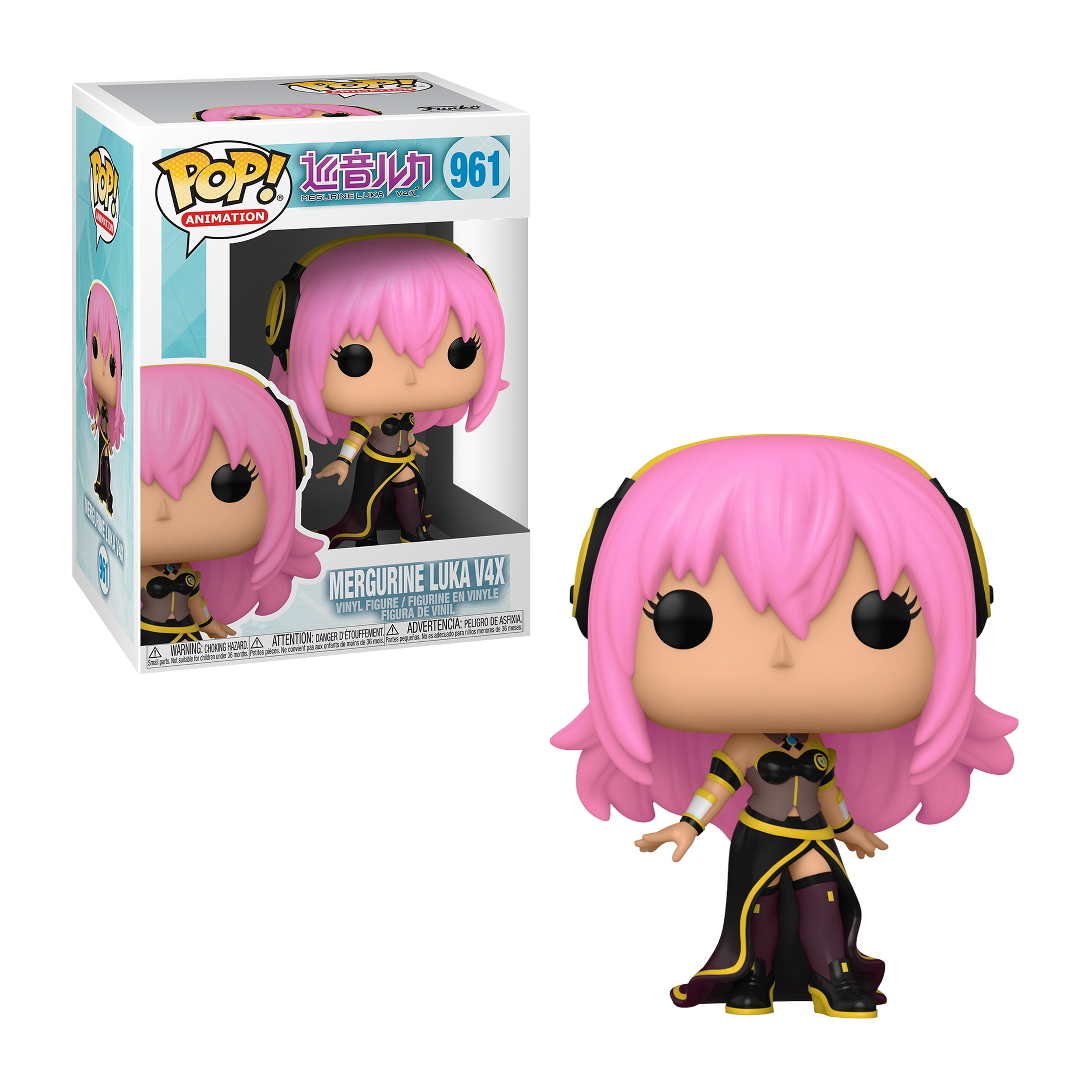 Eine Funko Pop Figur von Hatsune Miku, mit rosa Haaren und einem schwarz-gelben Outfit, auf einer Box.