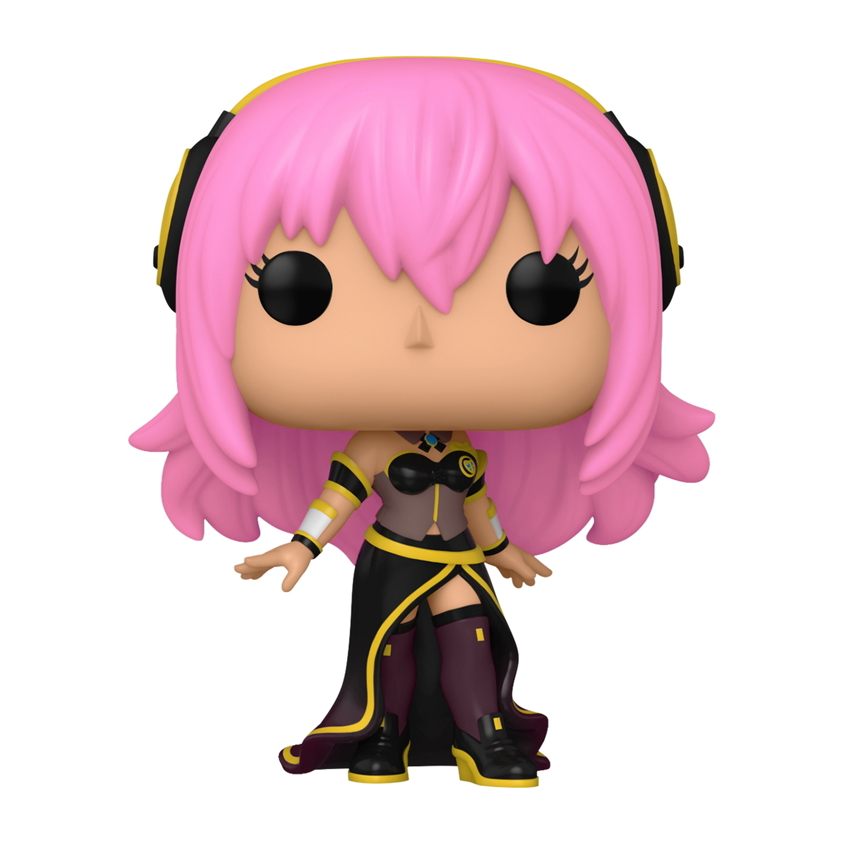 Eine Funko Pop Figur einer Figur mit rosa Haaren, schwarzen Kopfhörern und einem schwarz-goldenen Kleid.