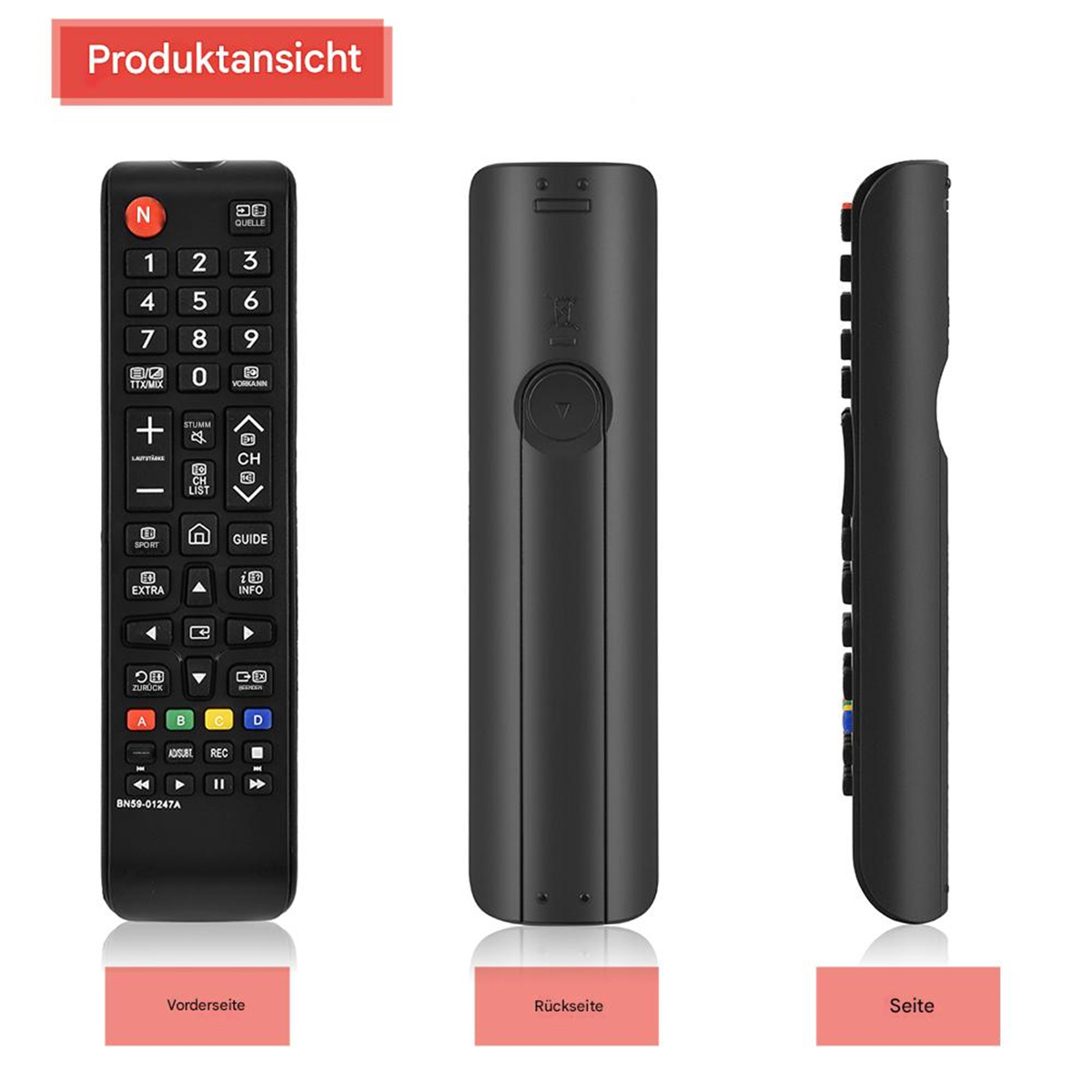 Drei Ansichten einer schwarzen Fernbedienung: vorne, hinten und seitlich. Tasten sichtbar.