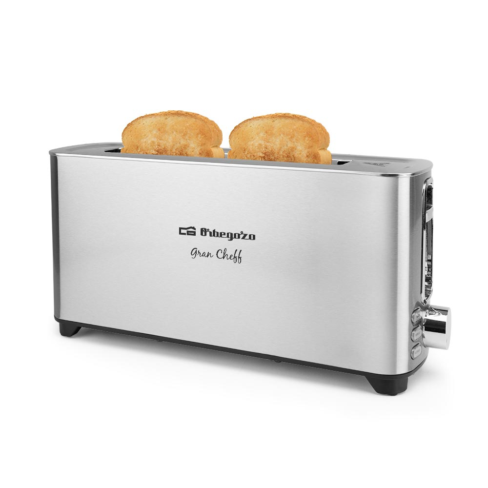 Toster ze stali nierdzewnej z dwoma tostowanymi bułeczkami.