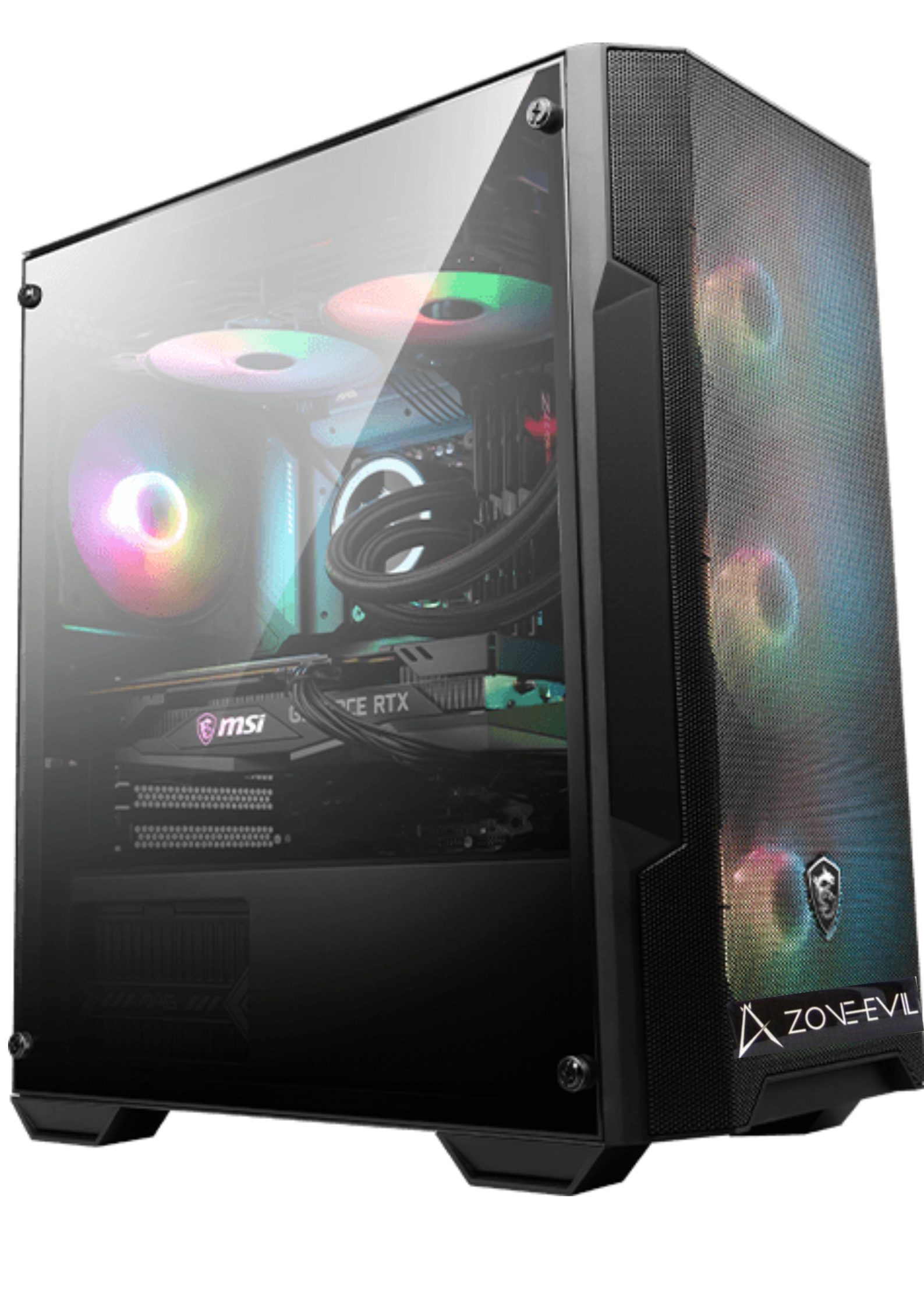Carcasa de PC gaming con panel lateral transparente, mostrando componentes y RGB.