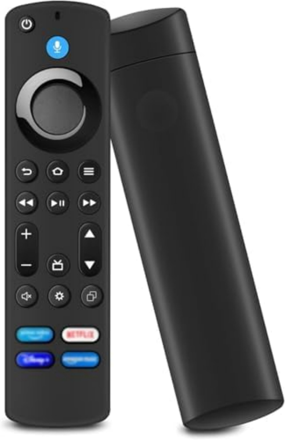 Schwarze Fire TV-Fernbedienung mit verschiedenen Tasten und einer Mikrofontaste oben.