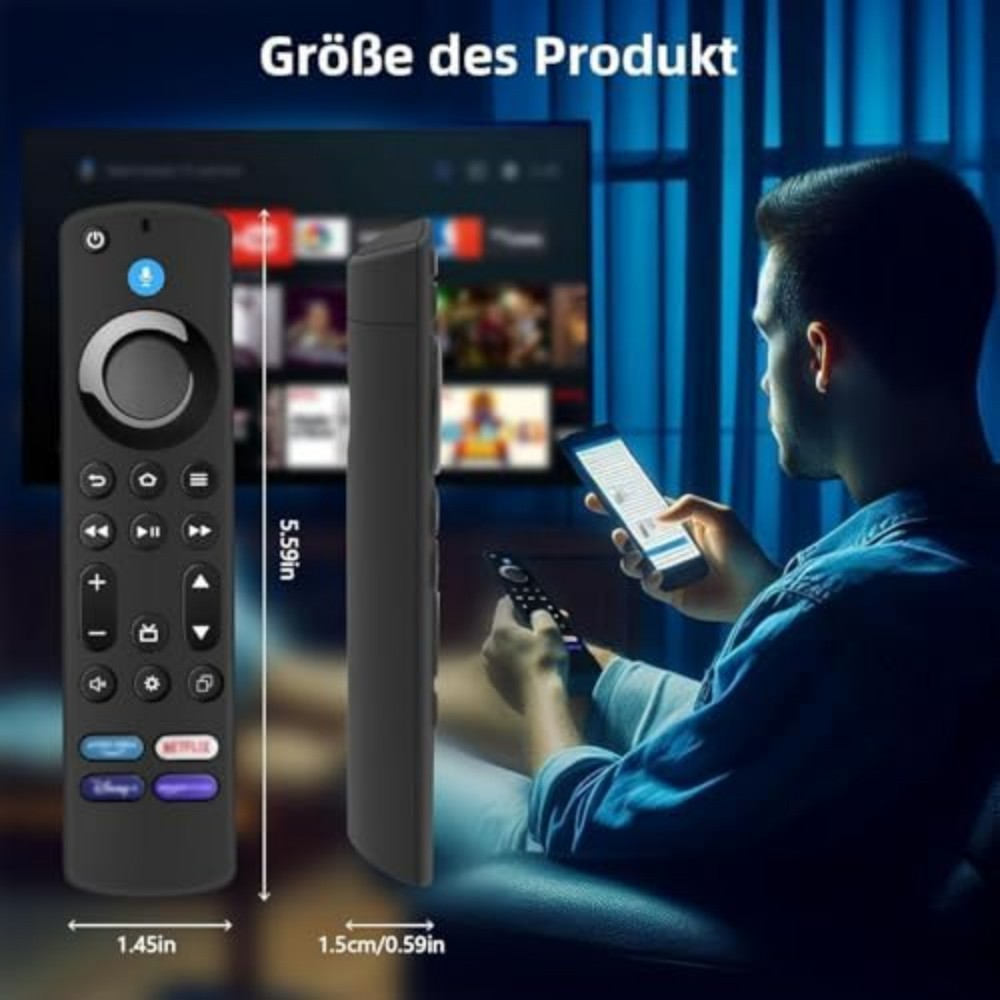 Zwei Fernbedienungen neben einer Person, die ein Smartphone benutzt, mit einem Fernseher im Hintergrund.