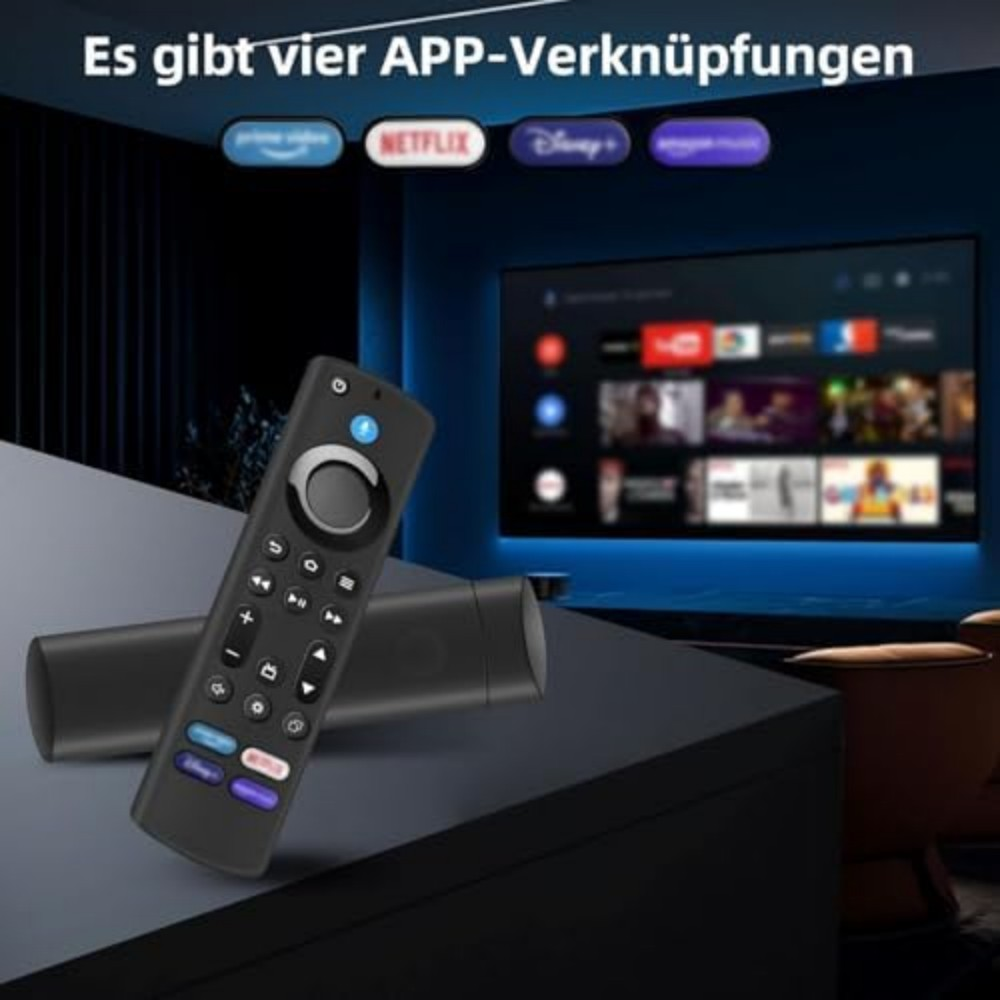 Schwarze Fernbedienung mit App-Tasten. Ein Fernsehbildschirm mit Streaming-Apps im Hintergrund.