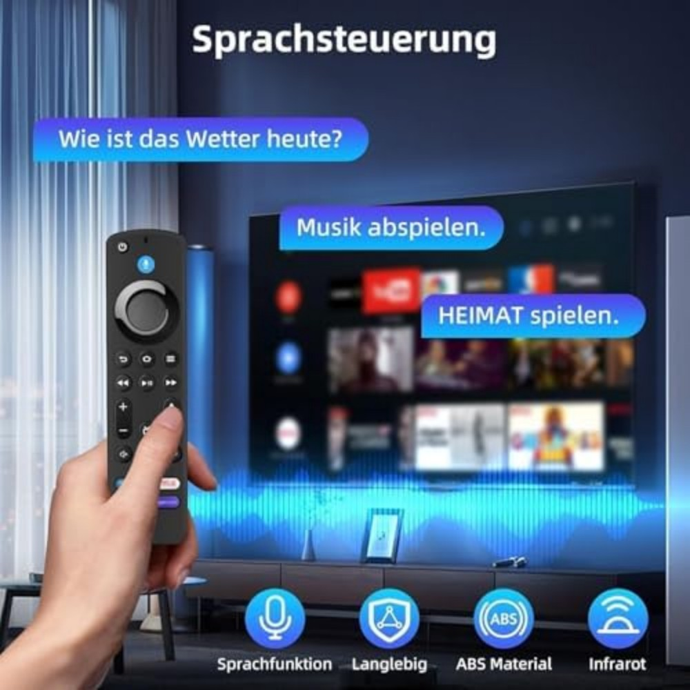 Eine Person hält eine Fernbedienung. Ein Fernseher mit Text und Symbolen ist im Hintergrund.