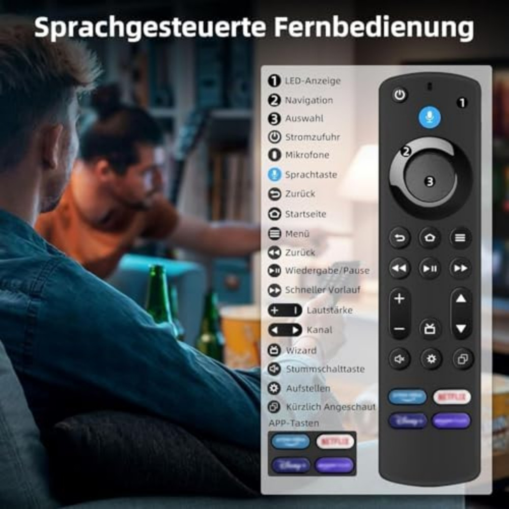 Eine Person, die eine sprachgesteuerte Fernbedienung für einen Fernseher verwendet. Die Fernbedienung hat viele Tasten und ein Mikrofon.