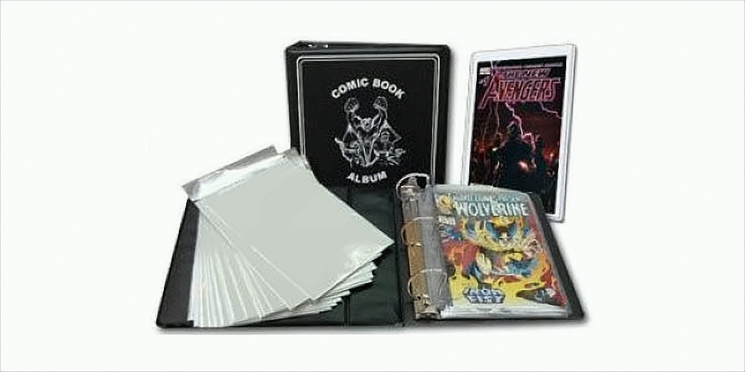 Ein Comic-Album, Comics und Comic-Schutzhüllen.