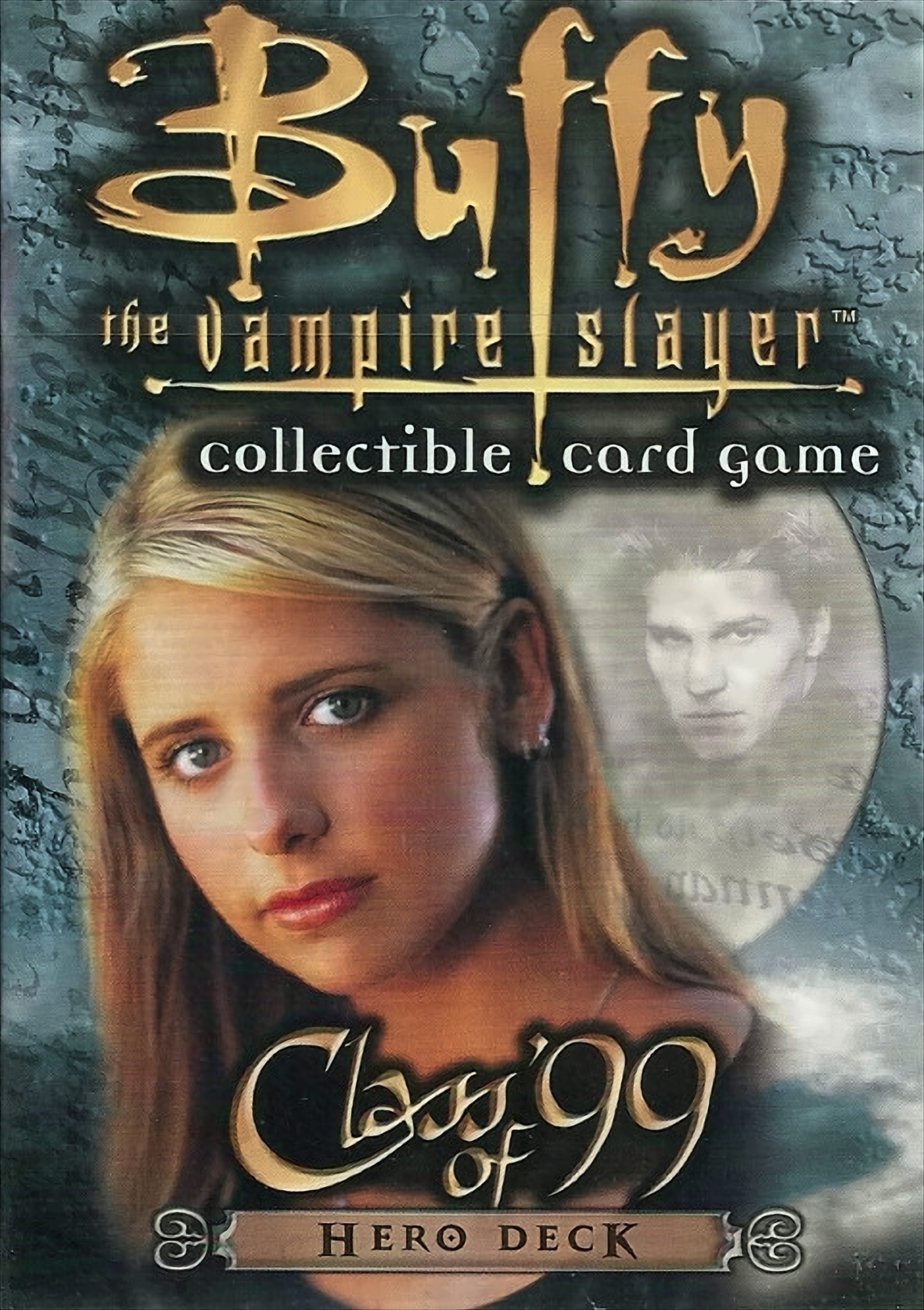 Buffy Sammelkartenspiel-Box. Buffys Bild befindet sich auf dem Cover, zusammen mit dem Bild eines Mannes im Hintergrund.