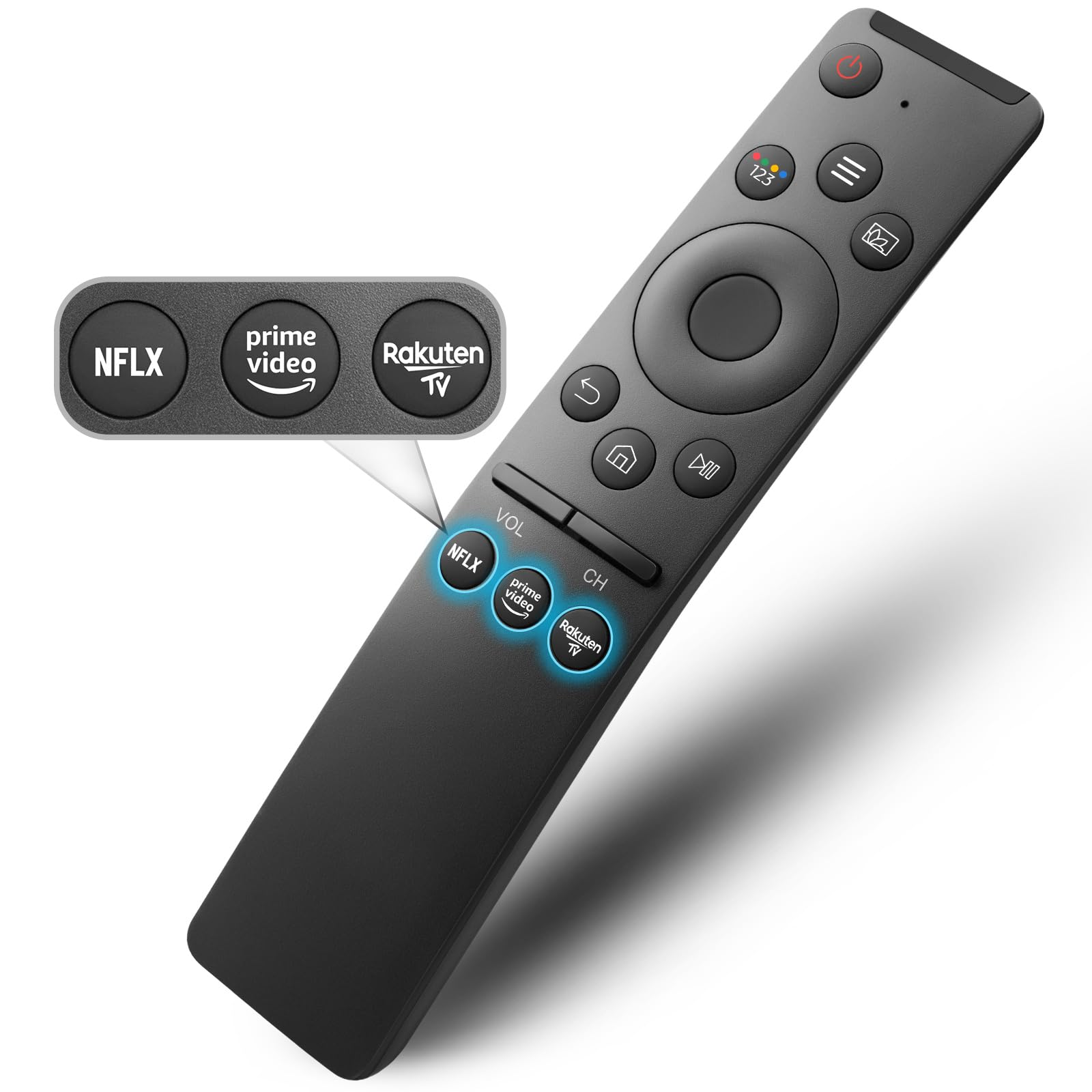 Eine schwarze Fernbedienung mit Tasten für Streaming-Dienste und einem Ein-/Ausschalter.