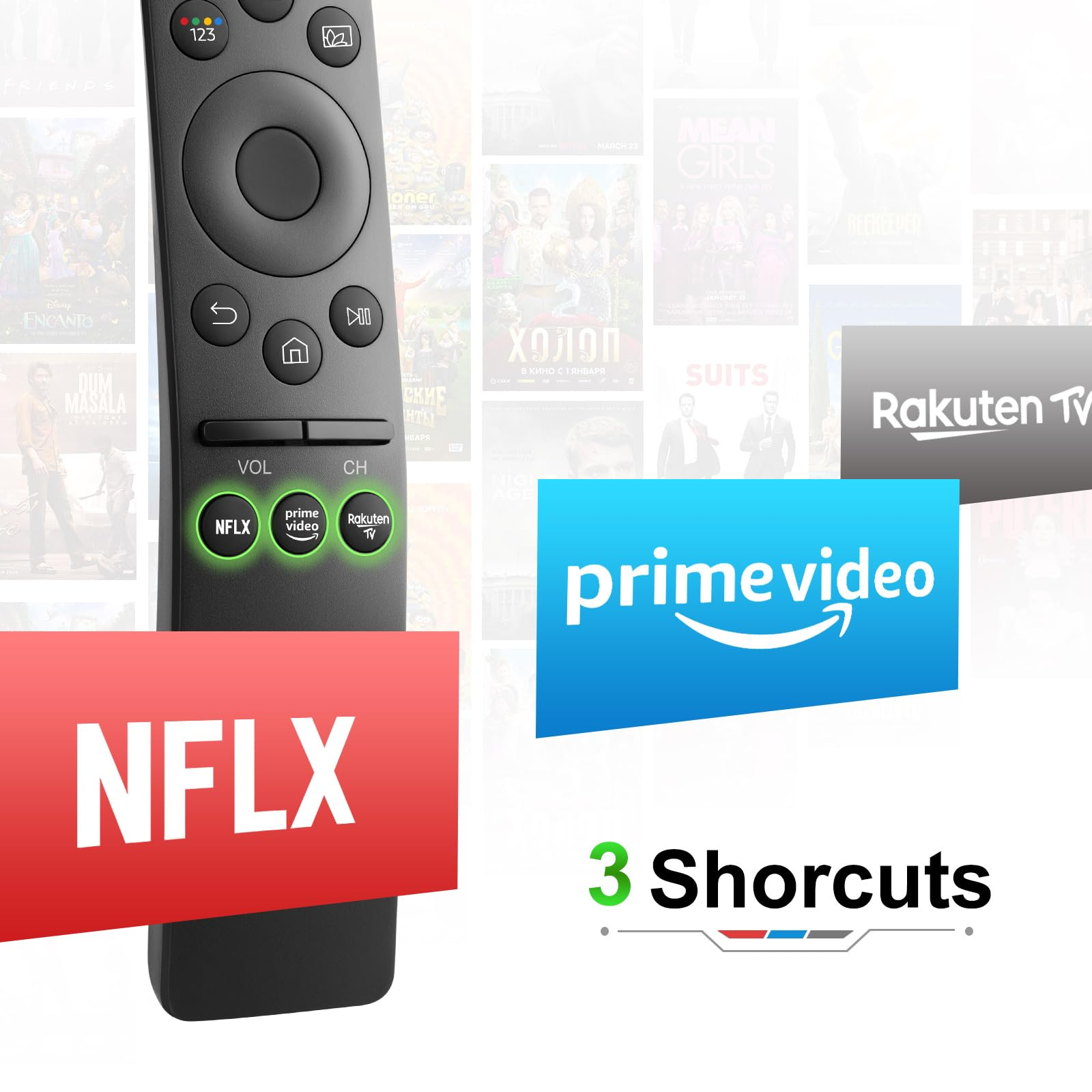 Schwarze TV-Fernbedienung mit Verknüpfungstasten für Netflix, Prime Video und Rakuten TV, vor Filmplakaten.