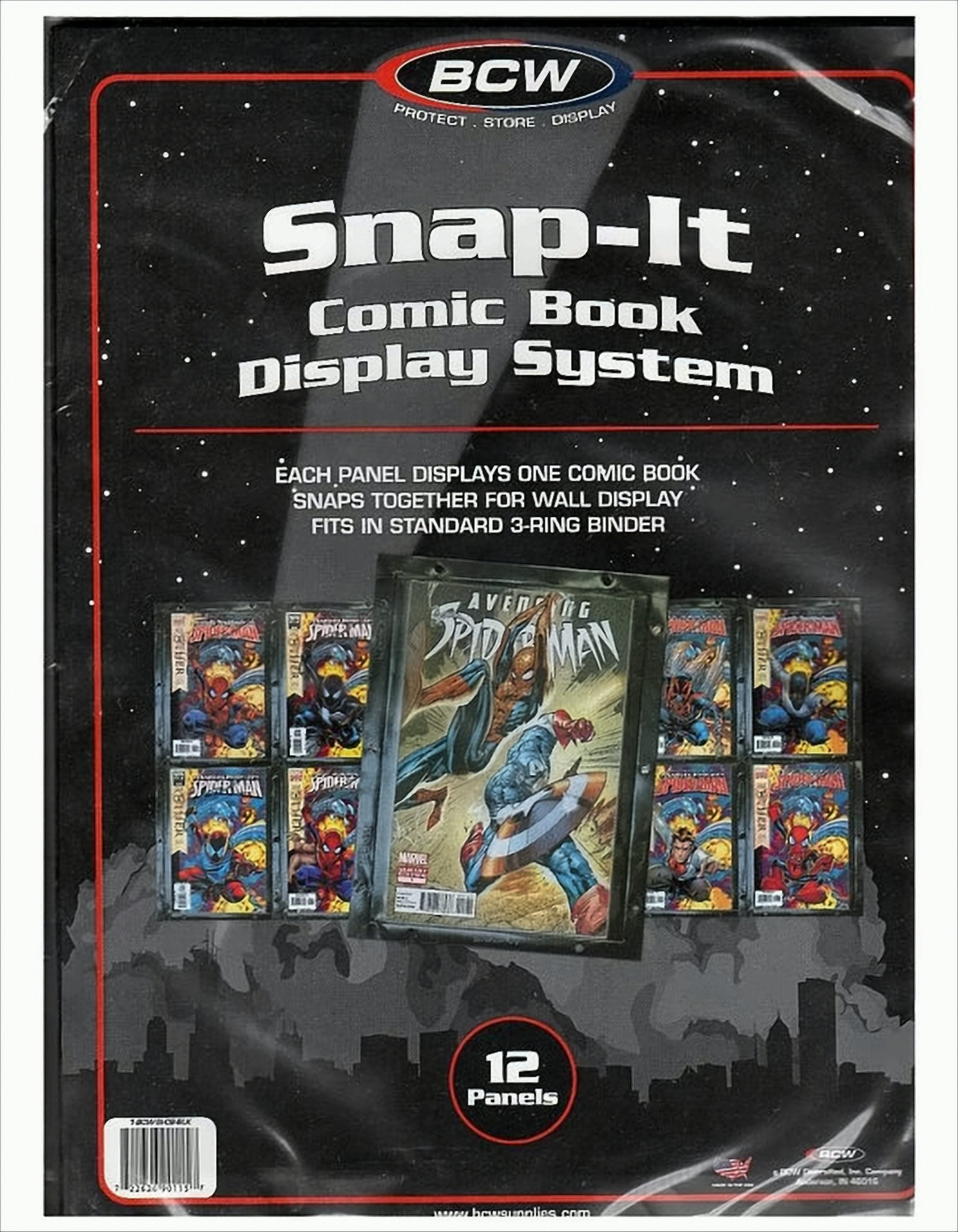 BCW Snap-It Comic-Buch-Display-System. Comic-Panels. Schwarzer Hintergrund.