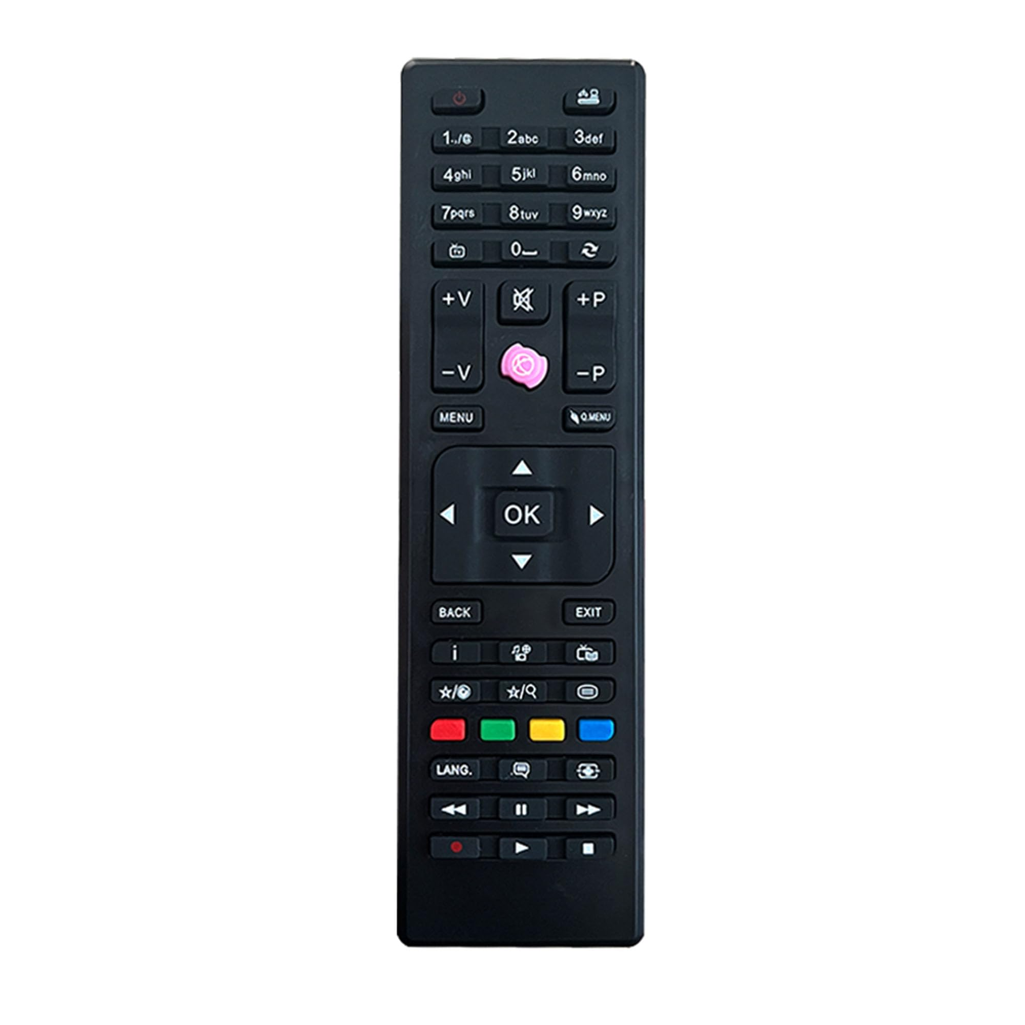 Eine schwarze TV-Fernbedienung mit verschiedenen Tasten, einschließlich Lautstärke, Kanal und Menü.