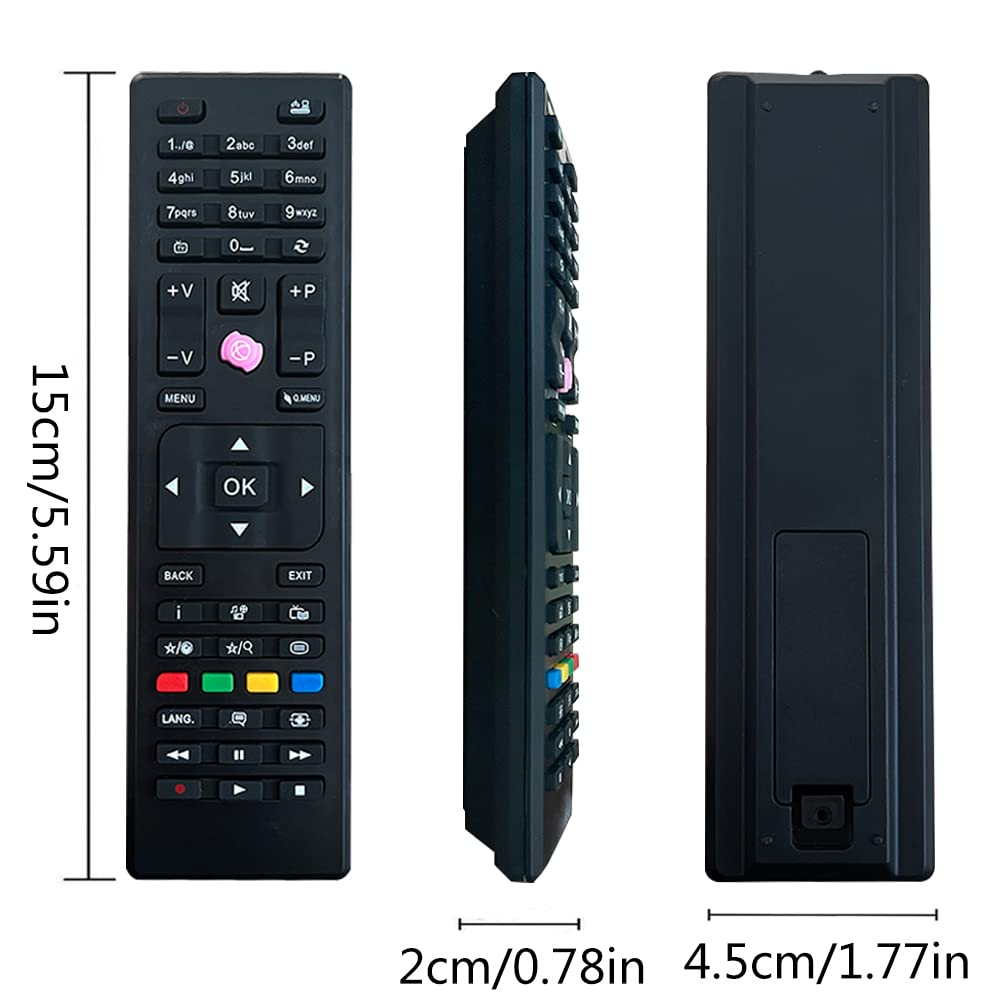 Schwarze Fernbedienung mit Tasten. Seiten- und Rückansicht zeigen Abmessungen: 15cm, 2cm, 4.5cm.