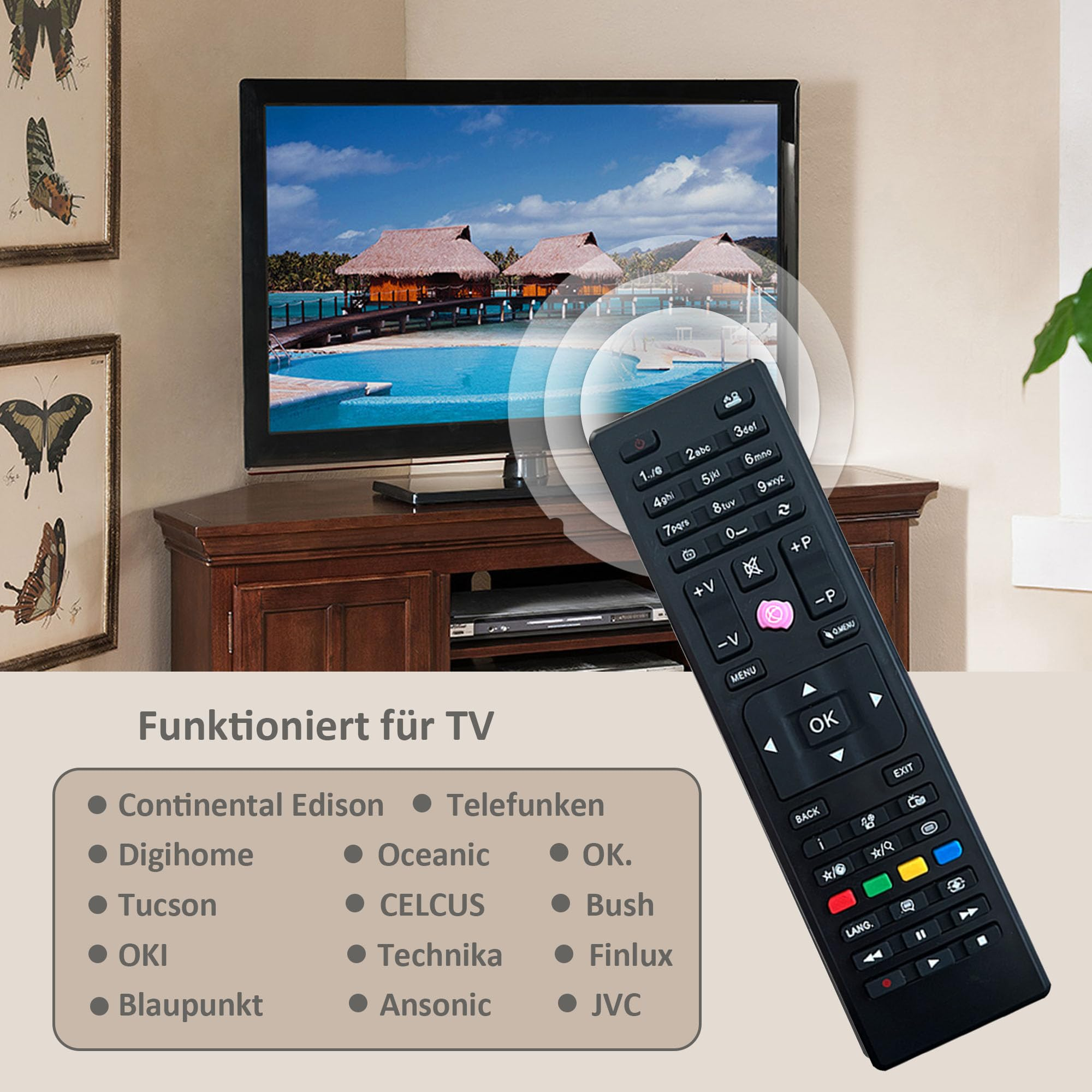 Fernseher und Fernbedienung. Die Fernbedienung hat viele Tasten mit einer Liste von Marken, mit denen sie funktioniert.