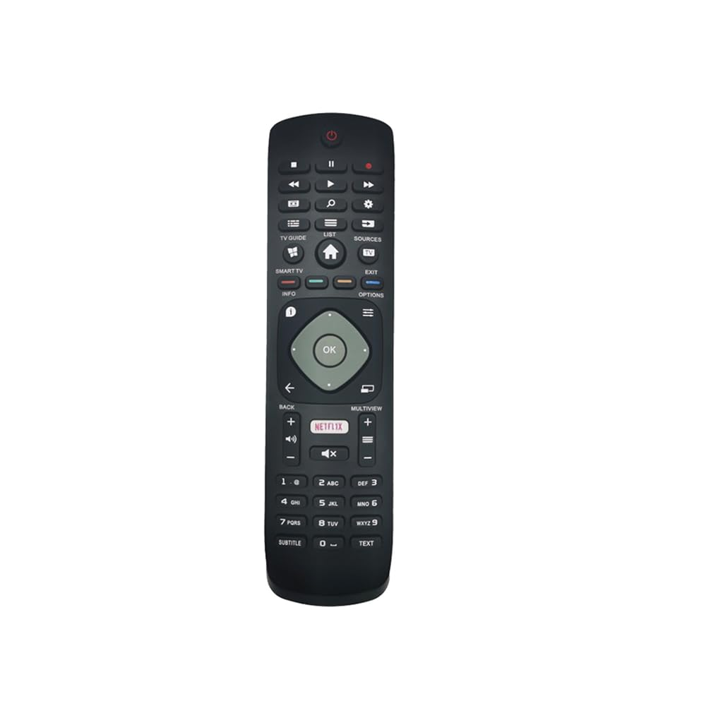 Schwarze TV-Fernbedienung mit mehreren Tasten und einer zentralen OK-Taste.