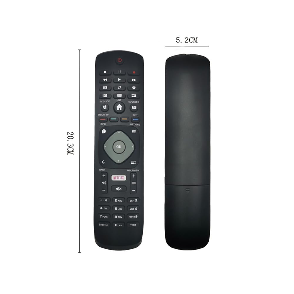 Eine schwarze TV-Fernbedienung. Abmessungen: 20,3 cm und 5,2 cm. Navigationstasten sind sichtbar.