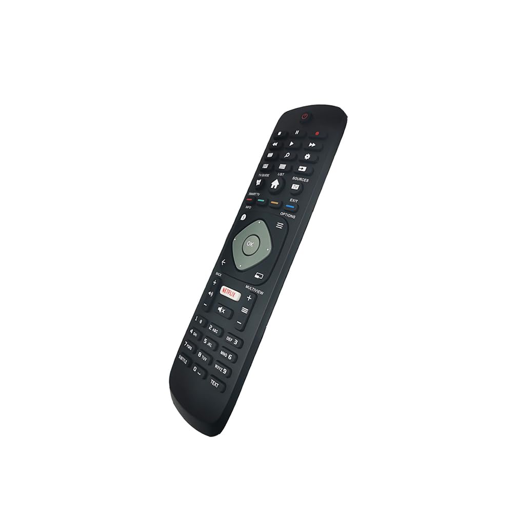 Eine schwarze TV-Fernbedienung mit mehreren Tasten, auf weißem Hintergrund.