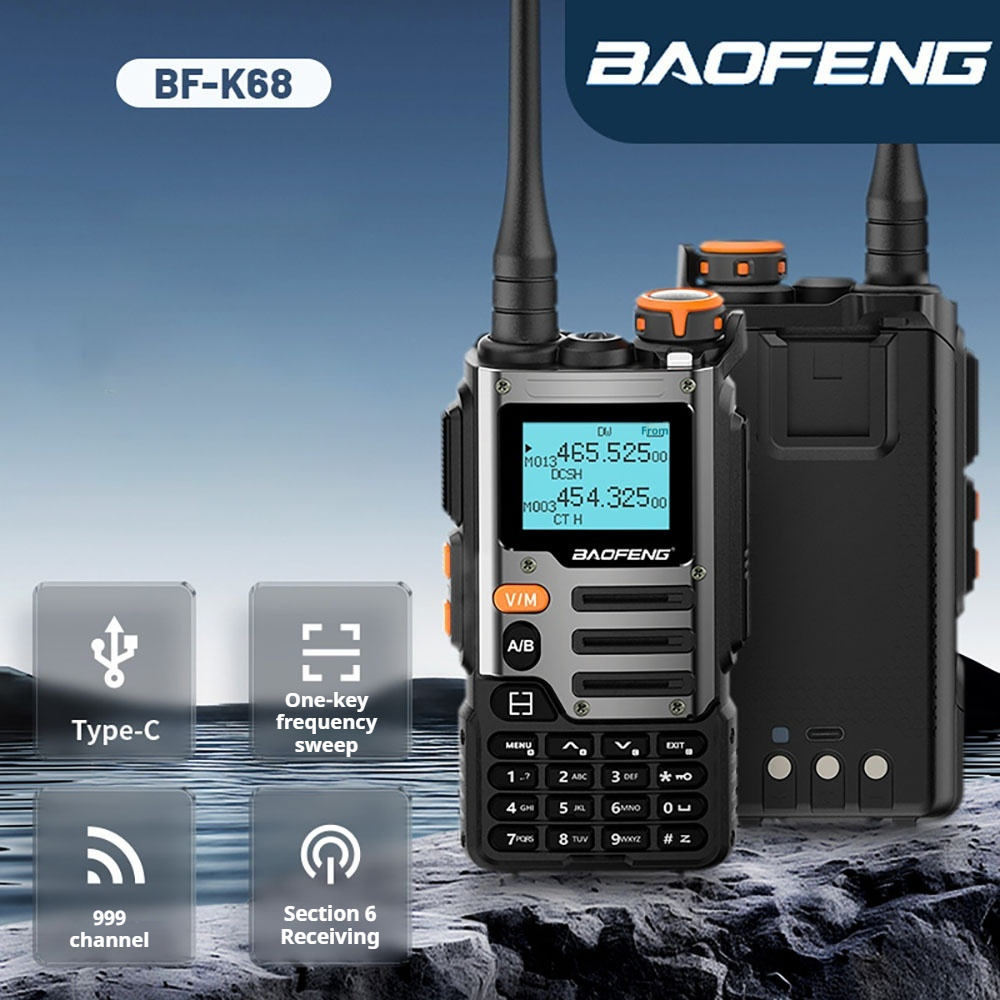 Due walkie talkie con molti pulsanti e schermi.