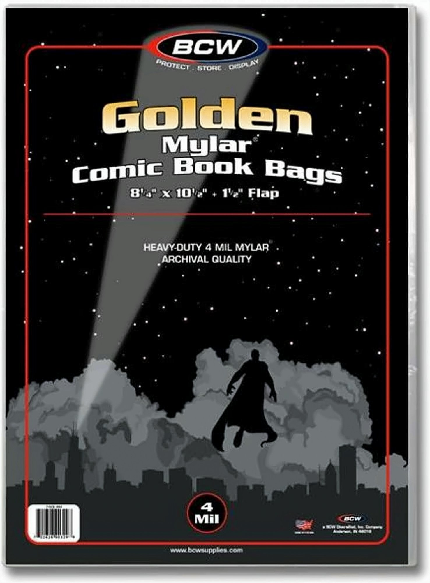 Eine Comic-Buch-Tasche mit den Worten "Golden Mylar" und einer Silhouette eines Superhelden.