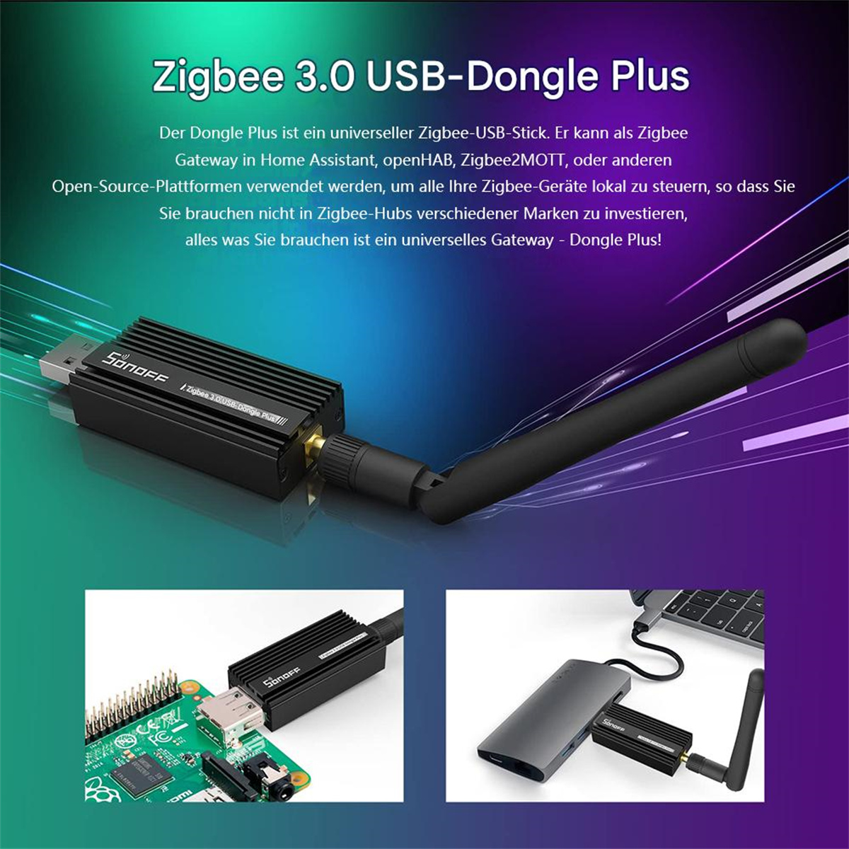 Zigbee 3.0 USB-Dongle Plus, mit schwarzem Dongle und Antenne, an Platine angeschlossen.