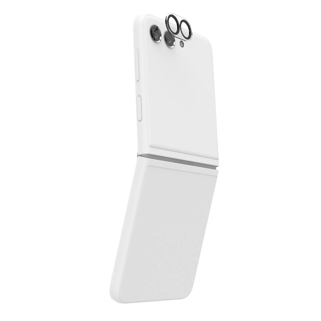 Telefono pieghevole bianco, aperto. Mostra gli obiettivi della fotocamera. Sfondo bianco.
