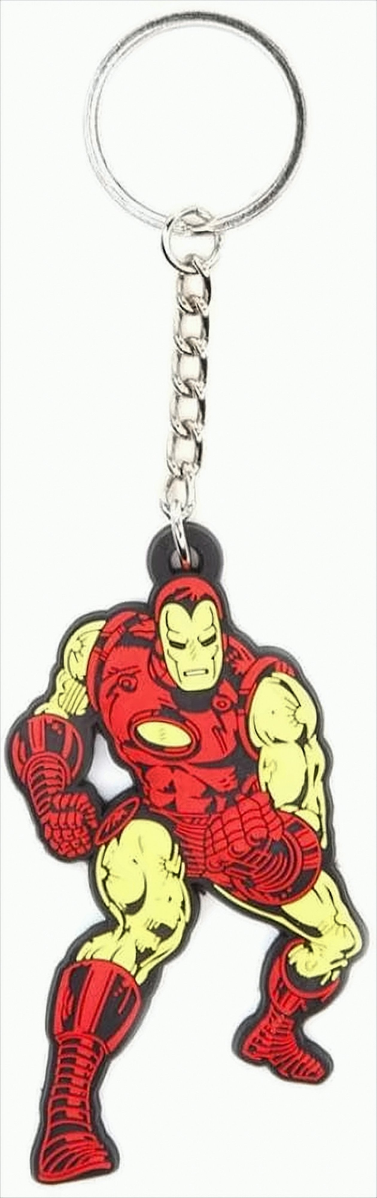 Iron Man Schlüsselanhänger mit rotem und gelbem Anzug, auf weißem Hintergrund.