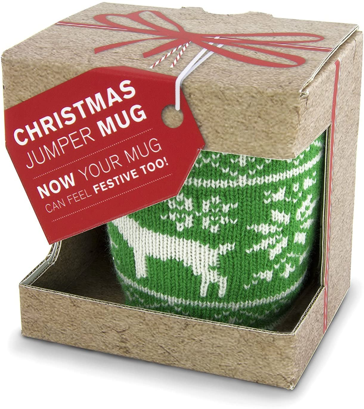 Ein Weihnachtspullover-Becher in einer Box mit einem roten Anhänger mit der Aufschrift 'Christmas Jumper Mug'.