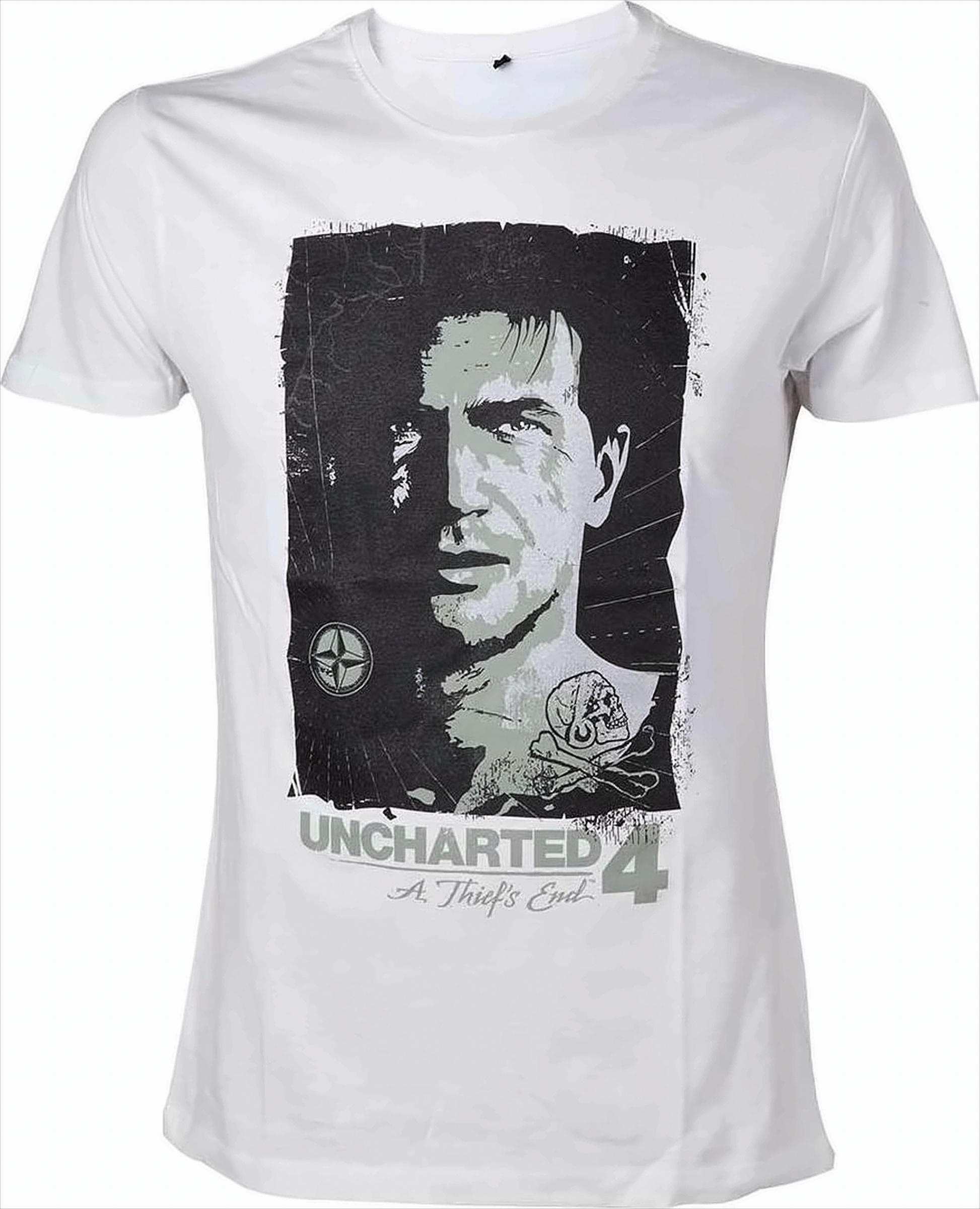 Weißes T-Shirt mit einem Schwarz-Weiß-Bild eines Mannes und dem Spieletitel.