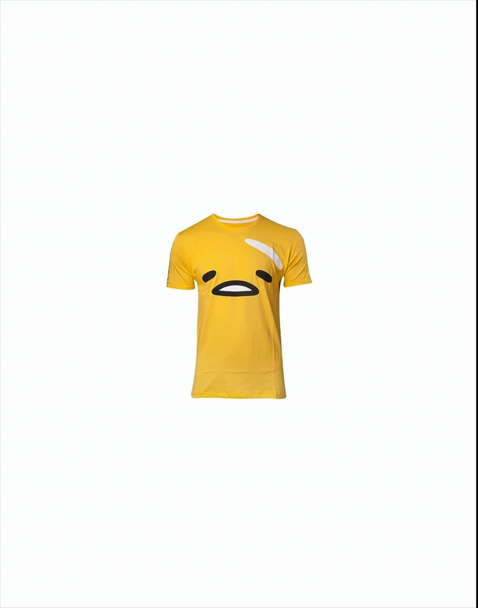 Gelbes T-Shirt mit einem Cartoon-Gesicht auf der Vorderseite, isoliert auf weißem Hintergrund.