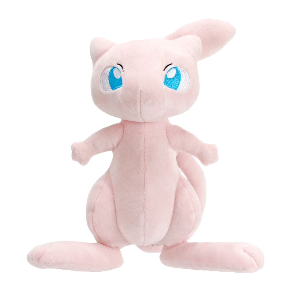 Ein pinkfarbenes Mew-Plüschtier mit blauen Augen und einem lächelnden Gesicht.