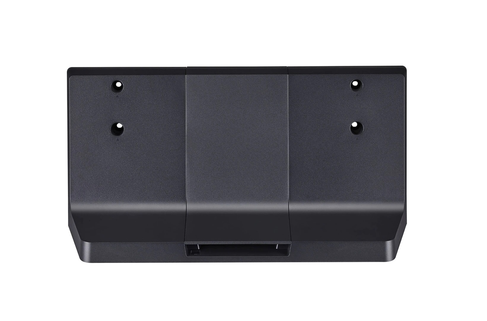 Un dispositivo de plástico negro con cuatro orificios para tornillos, una sección central y un asa inferior.