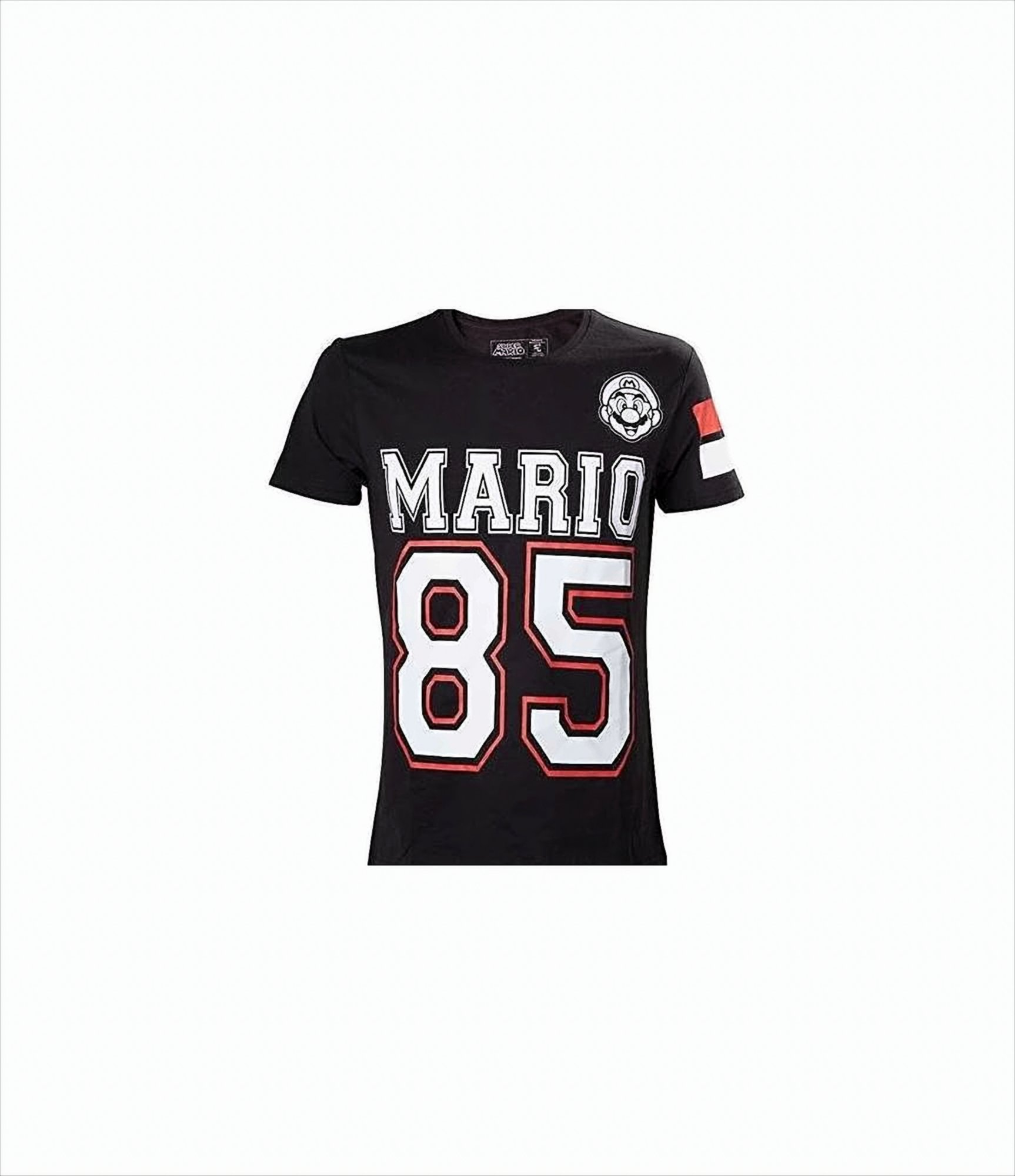 Ein schwarzes T-Shirt mit "MARIO 85" und einem Mario-Gesicht-Logo.