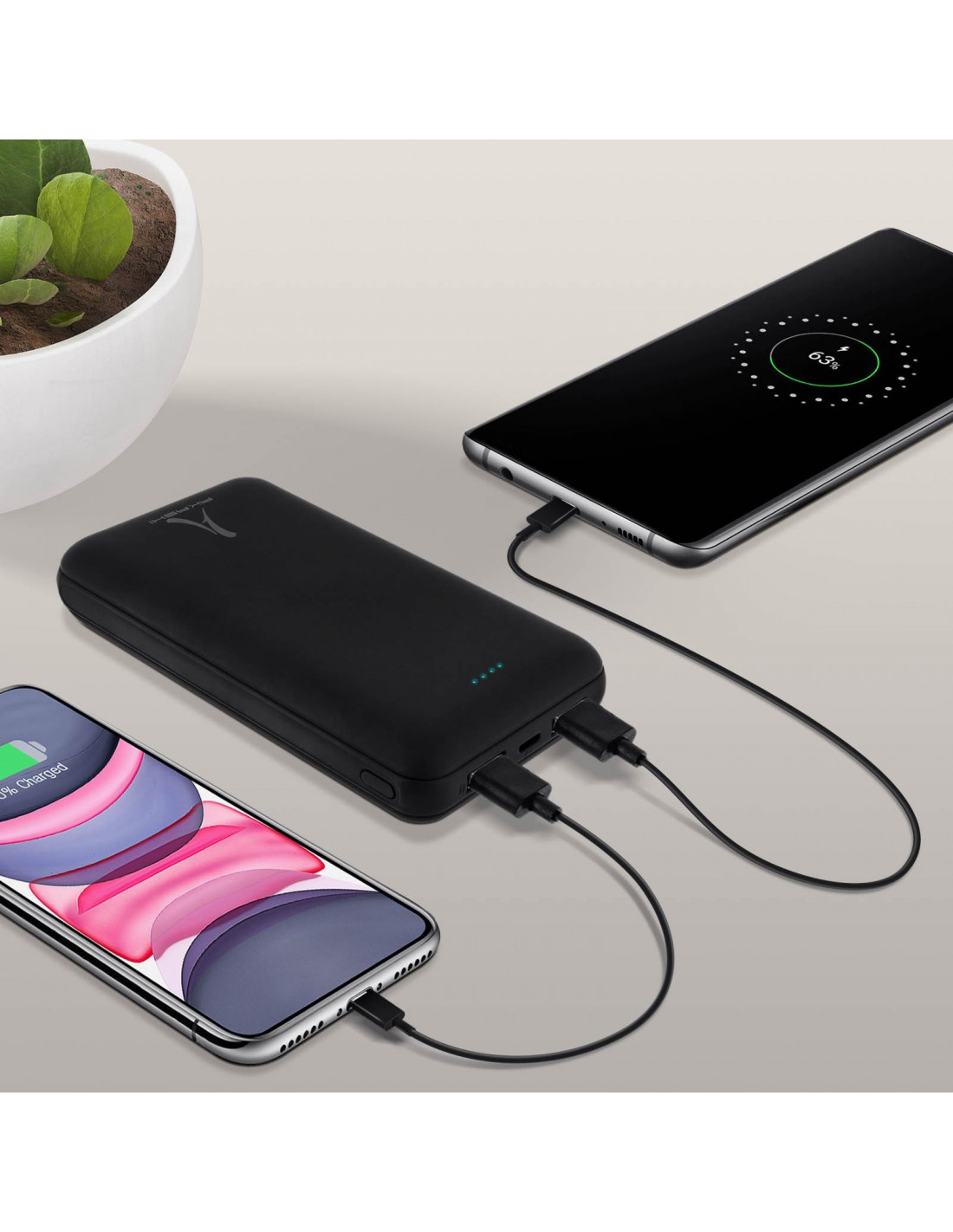 Schwarze Powerbank lädt zwei Telefone auf. Ein Telefon ist zu 65 % geladen. Eine Pflanze ist im Hintergrund.
