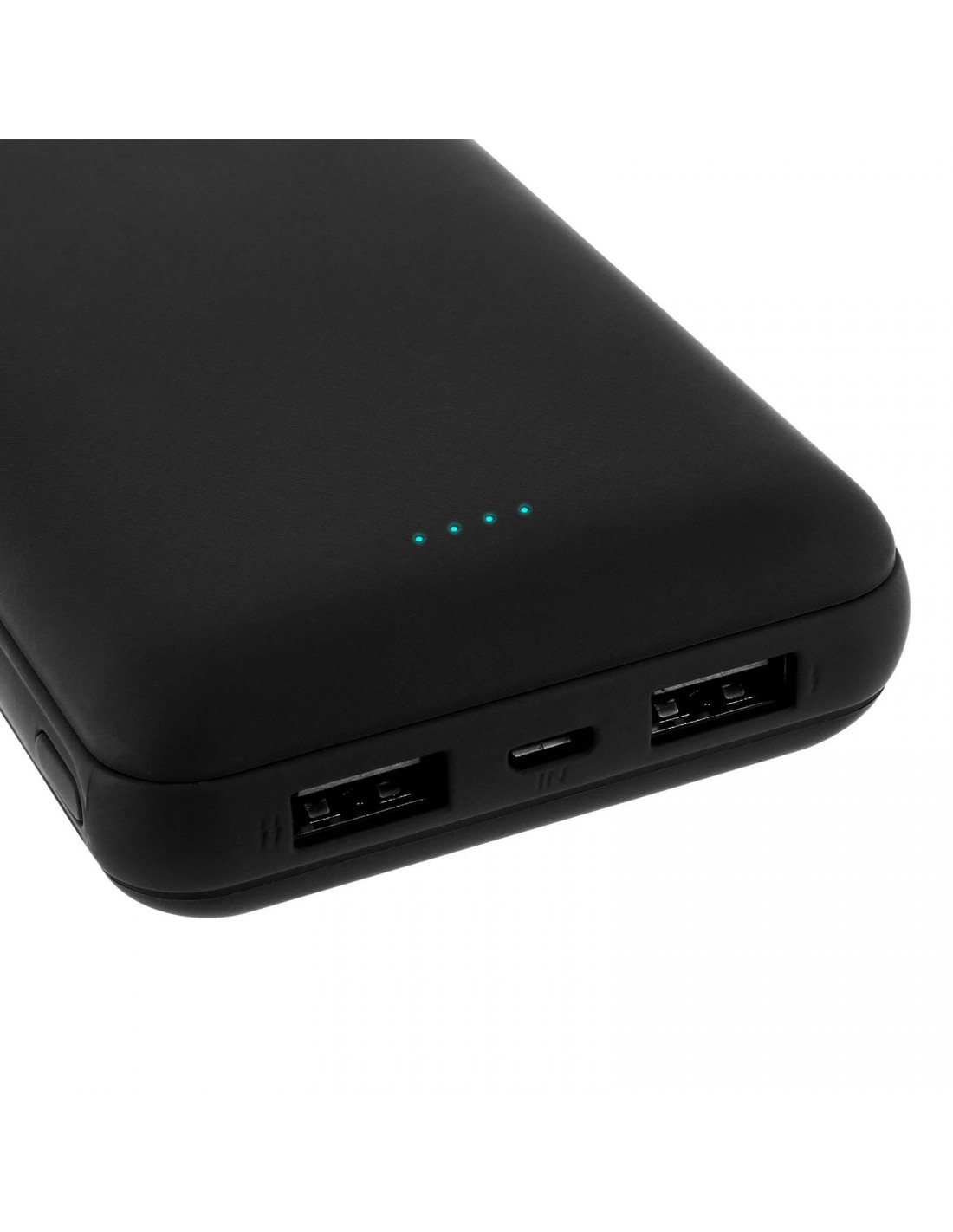 Schwarze Powerbank mit USB-Anschlüssen und blauen Ladeleuchten.