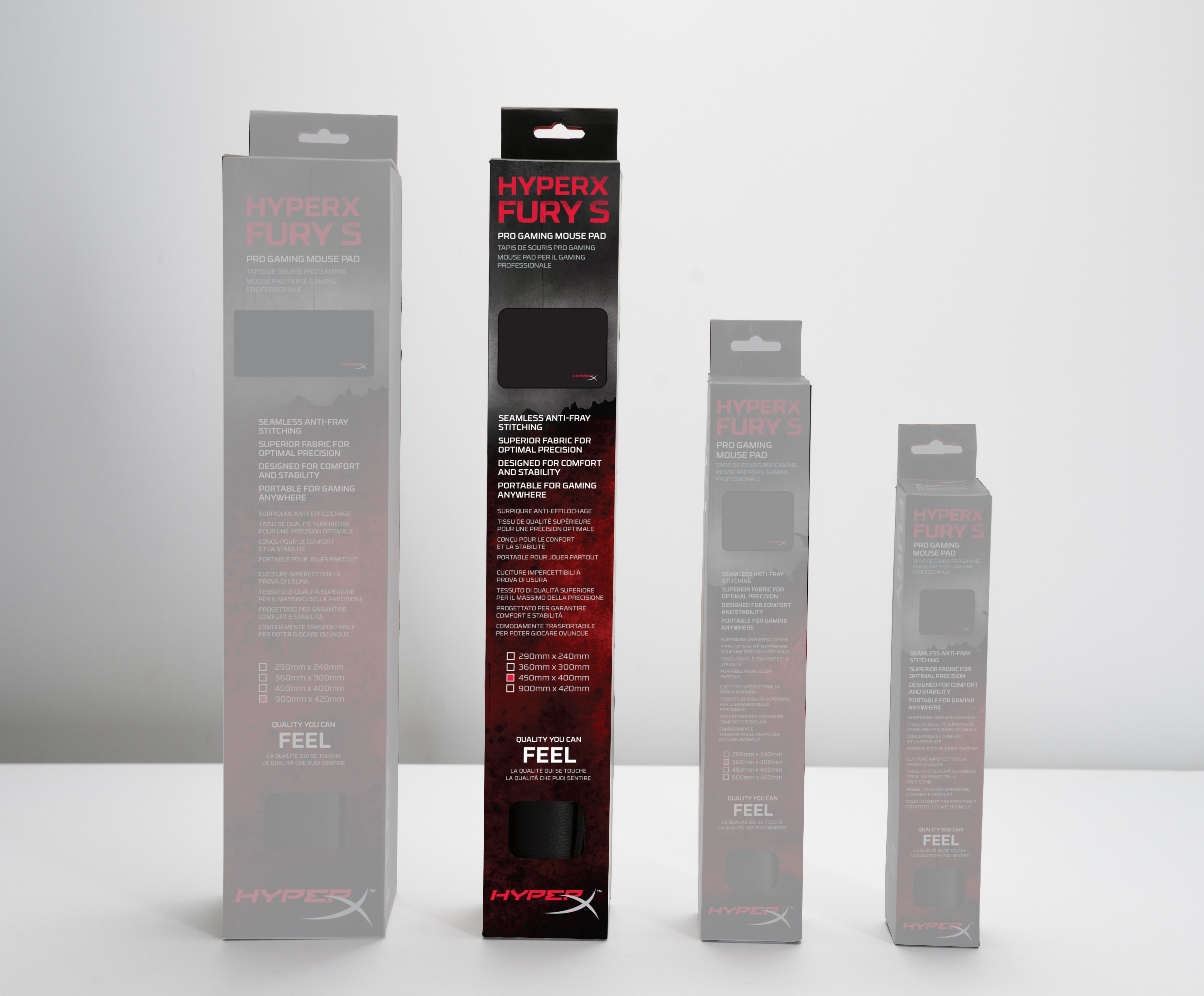Cztery różne rozmiary pudełek na podkładkę pod mysz HyperX Fury S Pro Gaming, czarne i czerwone.