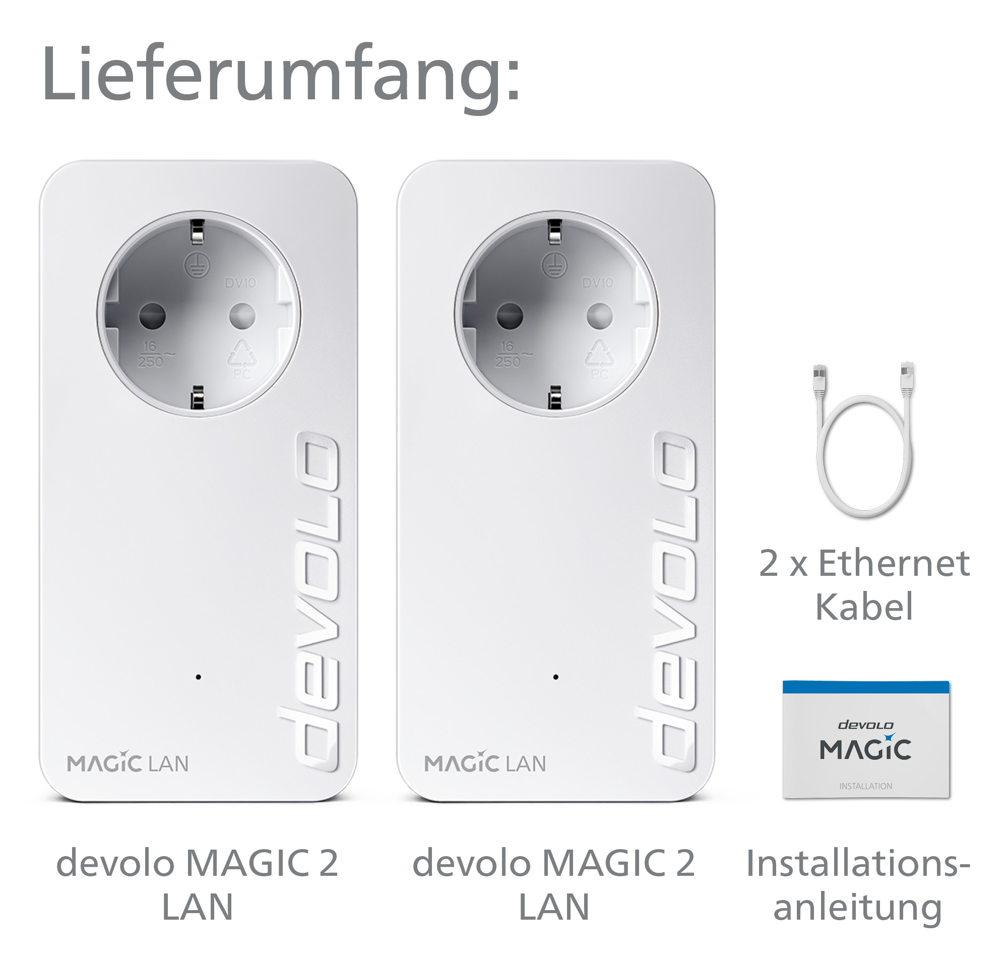 Dwa białe adaptery sieciowe, 2 kable Ethernet i instrukcja obsługi na białym tle.