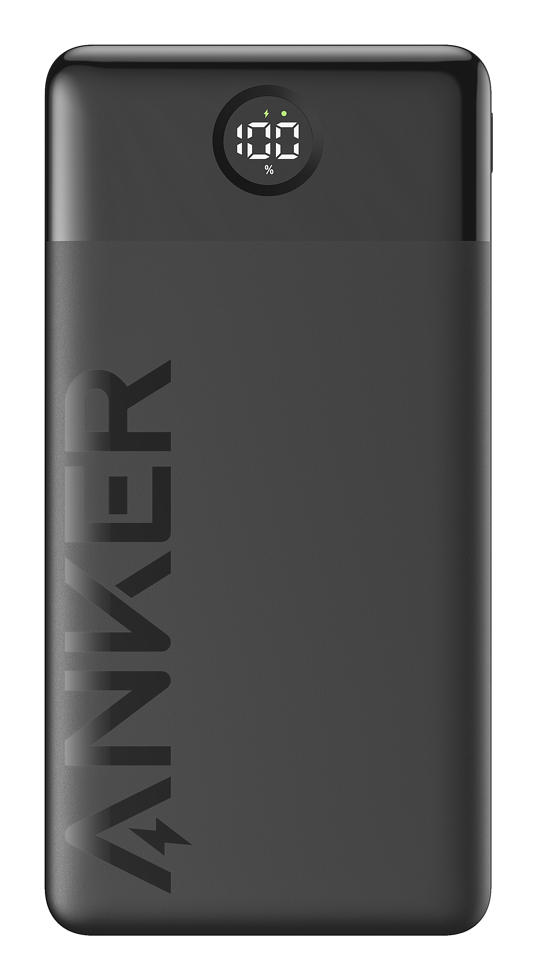 Banco de energía negro Anker que muestra el 100% de carga. El logo de Anker es vertical.