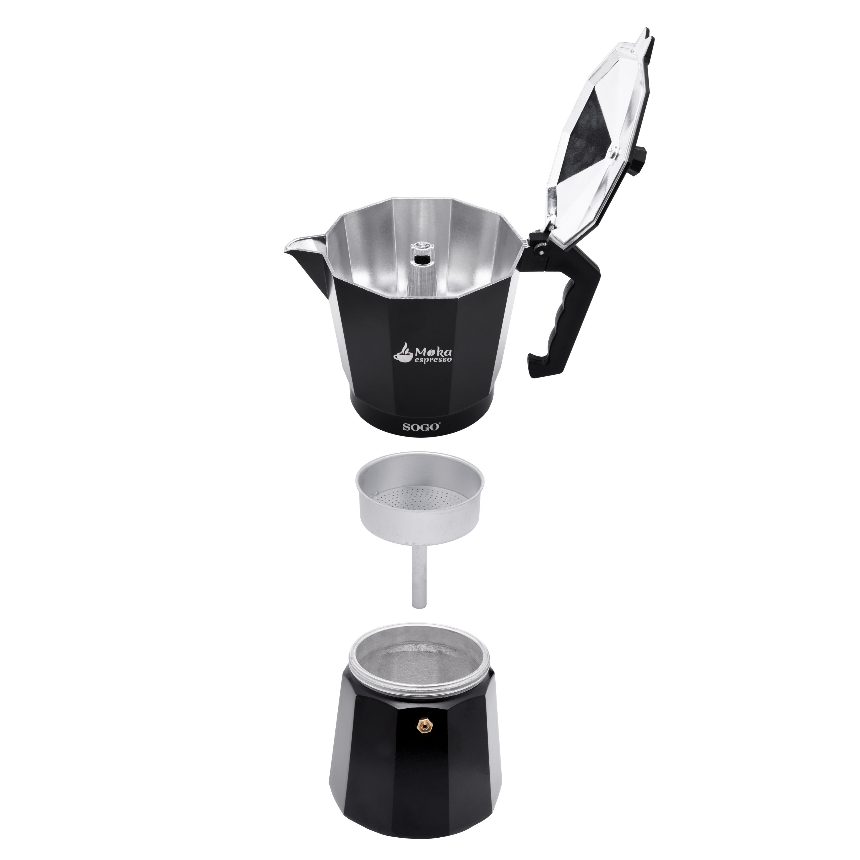 Cafetera espresso negra desmontada con filtro y tapa abierta, aislada sobre blanco.