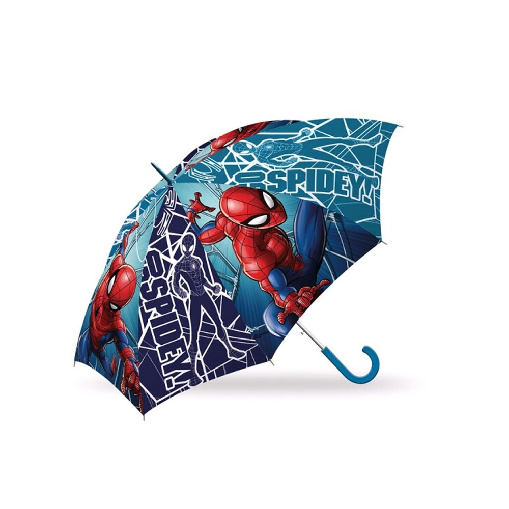 Ein Regenschirm im Spider-Man-Design ist geöffnet. Spider-Man ist auf der blau-roten Oberfläche gezeichnet. Der Griff ist blau.