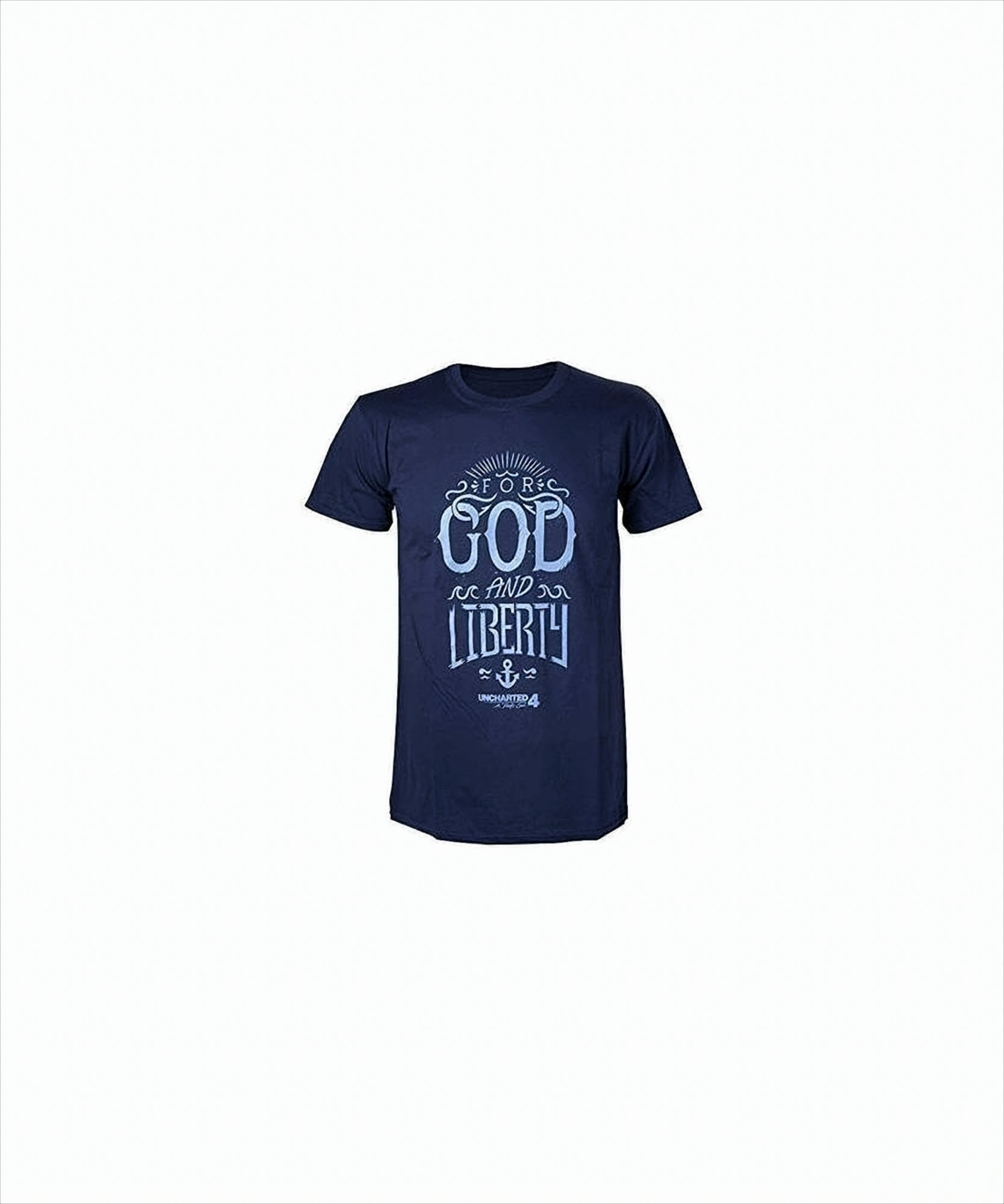 Marineblaues T-Shirt mit dem Text 'FOR GOD AND LIBERTY' und einem Anker.