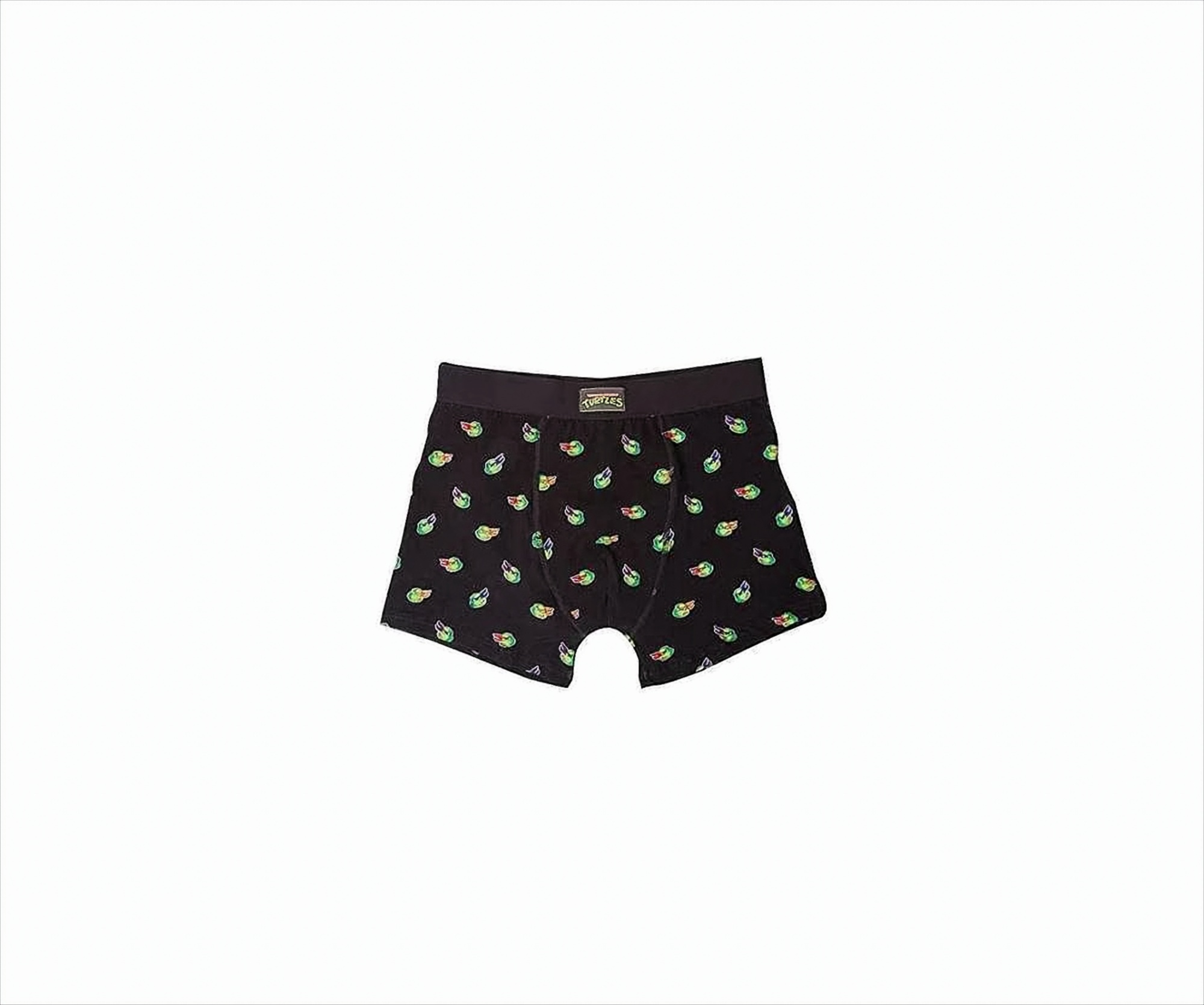 Schwarze Boxershorts mit einem Muster aus grünen und gelben Schildkrötengesichtern.