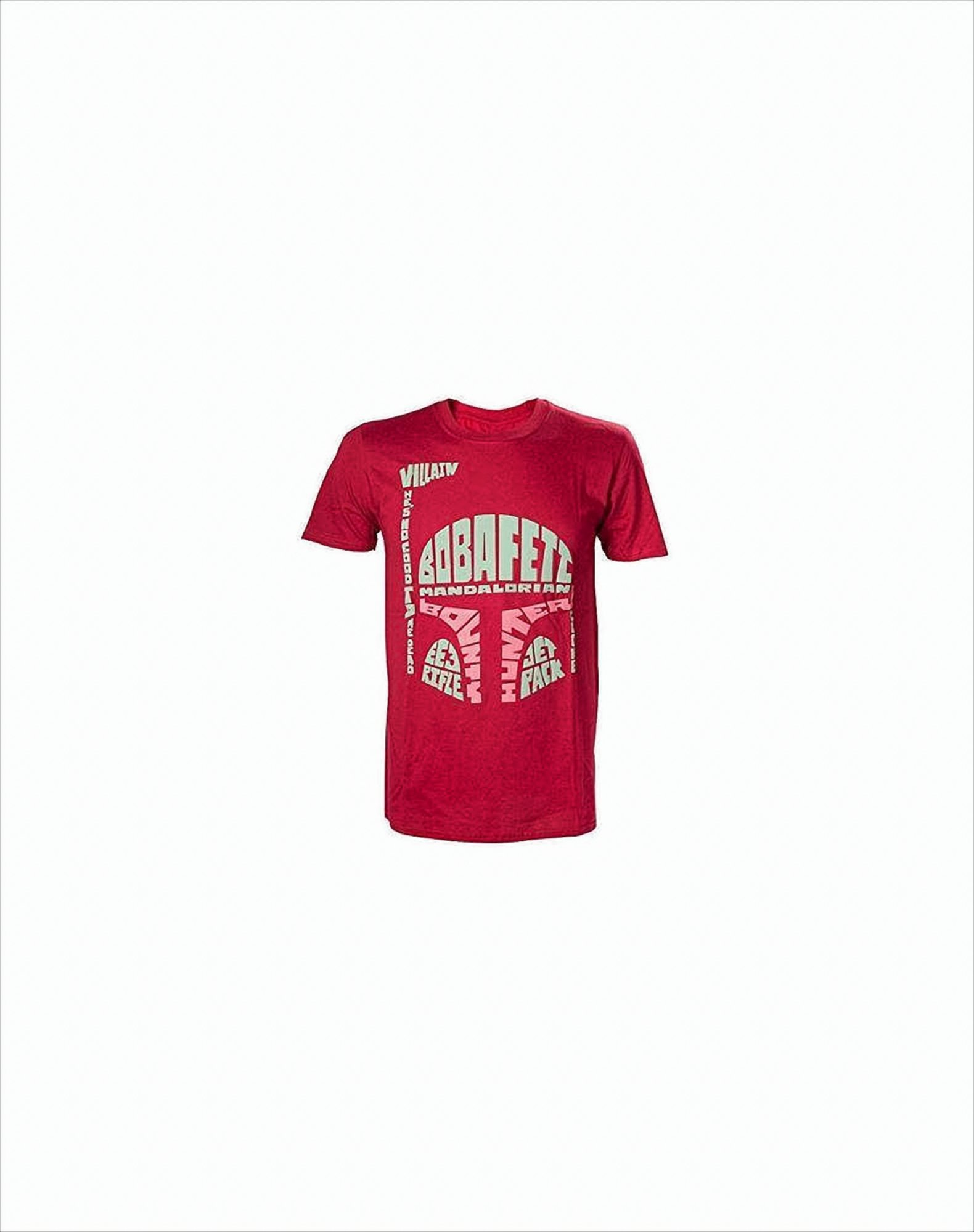 Rotes T-Shirt mit 'BOBA FETT MANDALORIAN' in einem stilisierten Design.