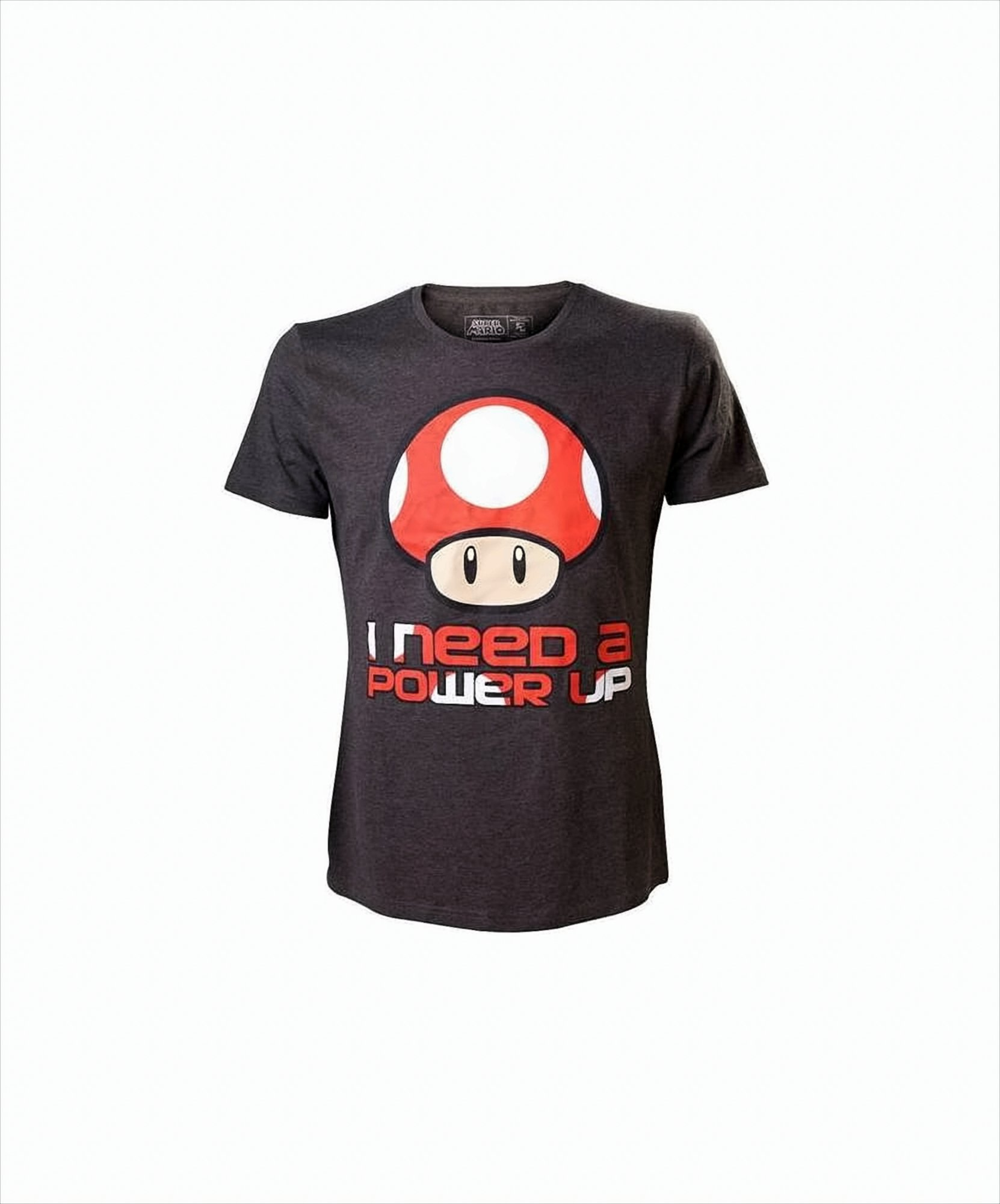 Graues T-Shirt mit Super Mario Pilz und 'I NEED A POWER UP'.