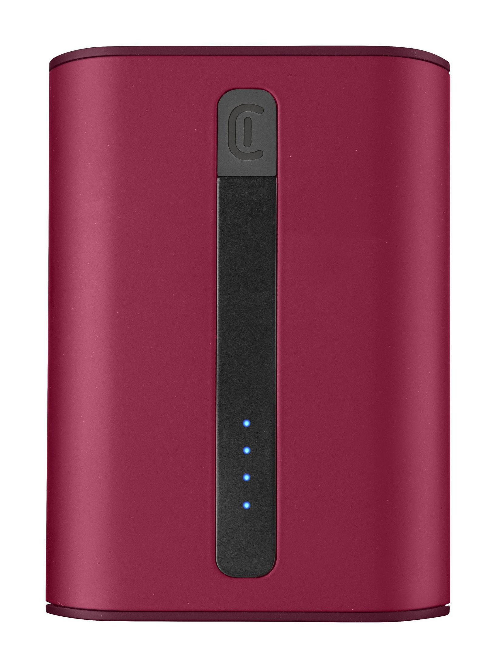 Eine weinrote tragbare Powerbank mit schwarzem Streifen und blauen Kontrollleuchten.