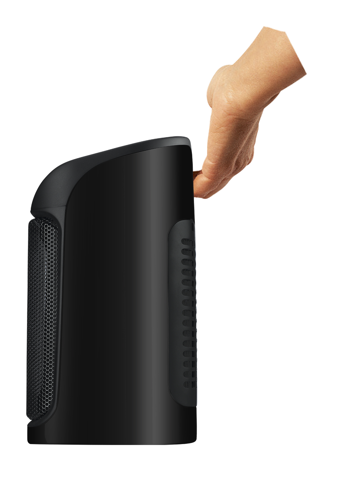 Czarne urządzenie grzewcze z dłonią na nim.